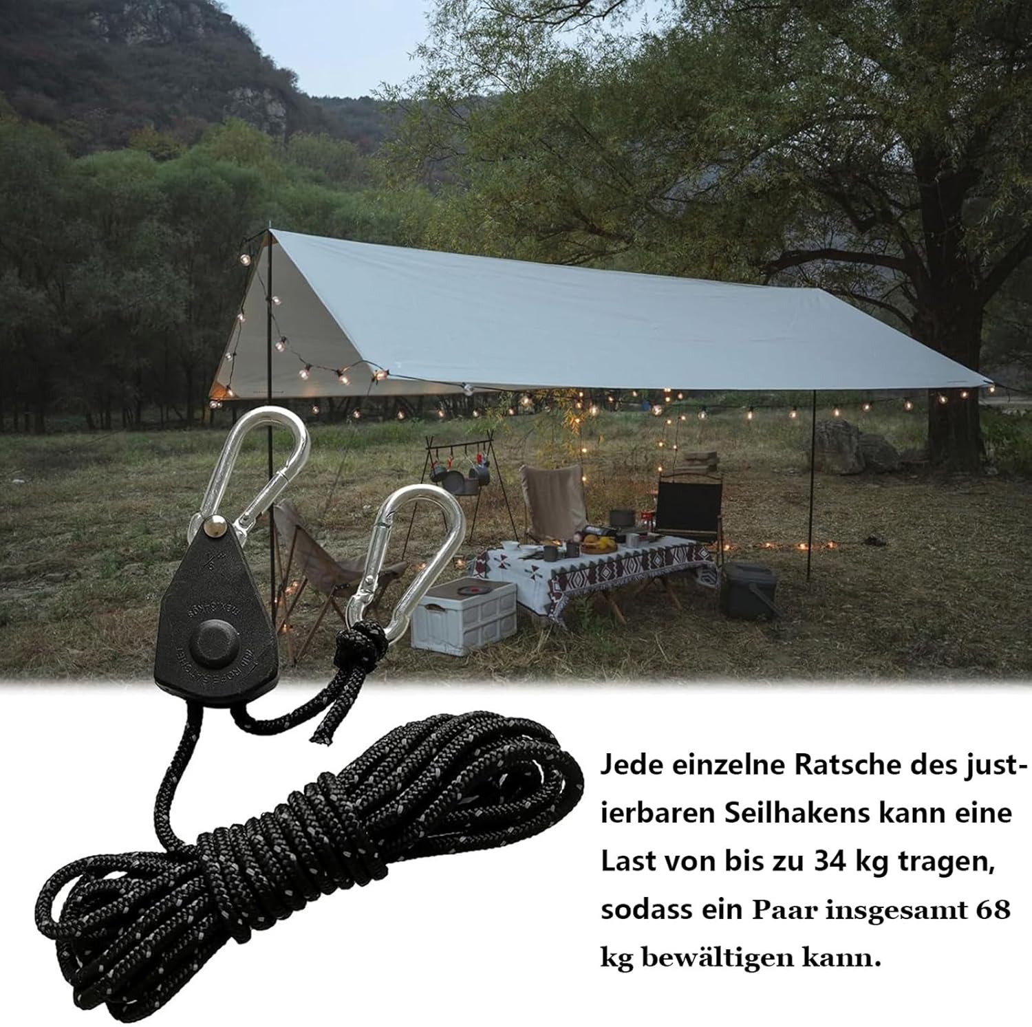 Thumbnail 4 de Lepidi 4er-Set verstellbare Seil-Ratsche (4 mm) mit Haken, Nylon schwarz reflektierend