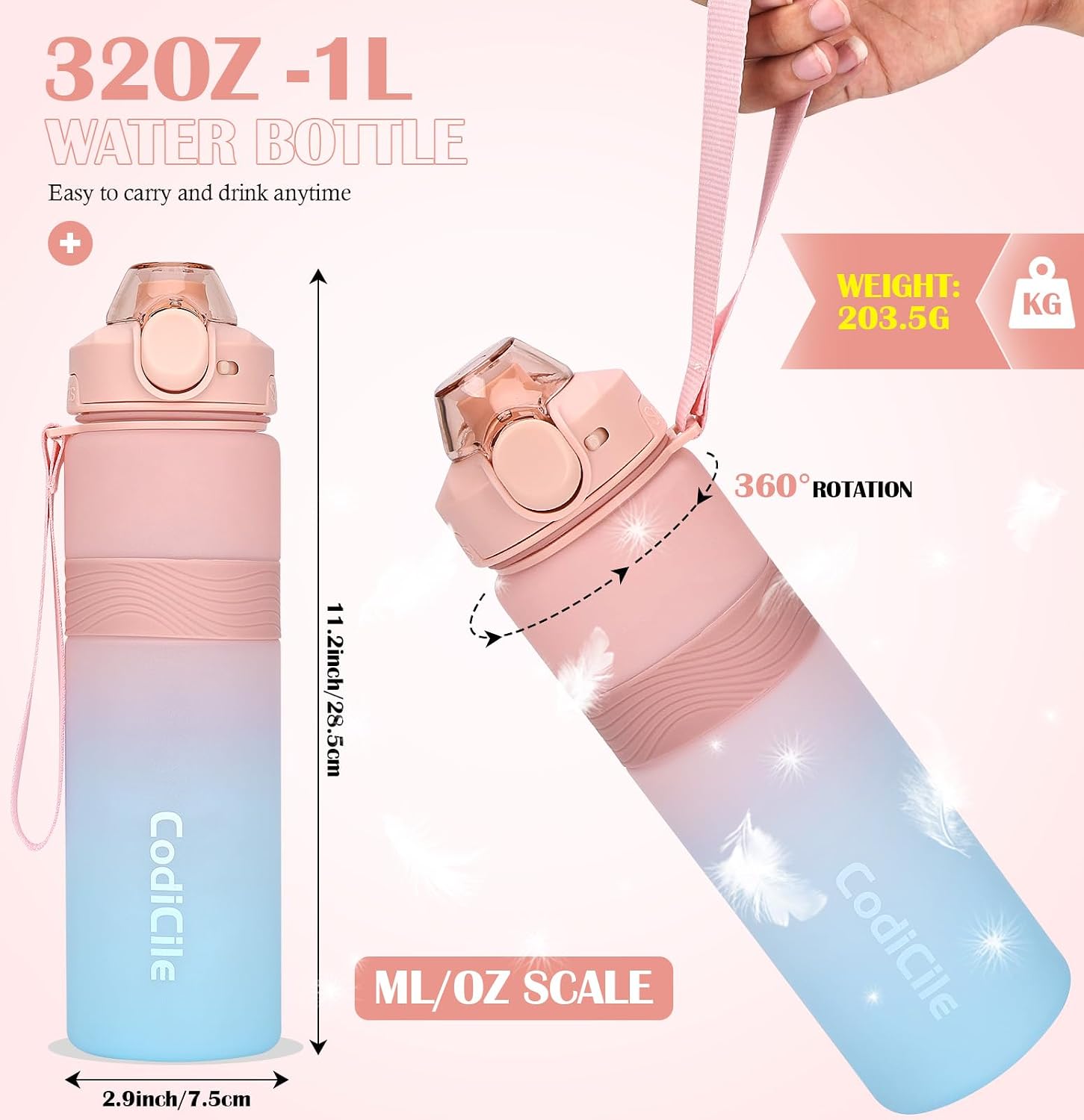 Detalle 2 de CodiCile 1L BPA‑free water bottle — leak‑proof for gym