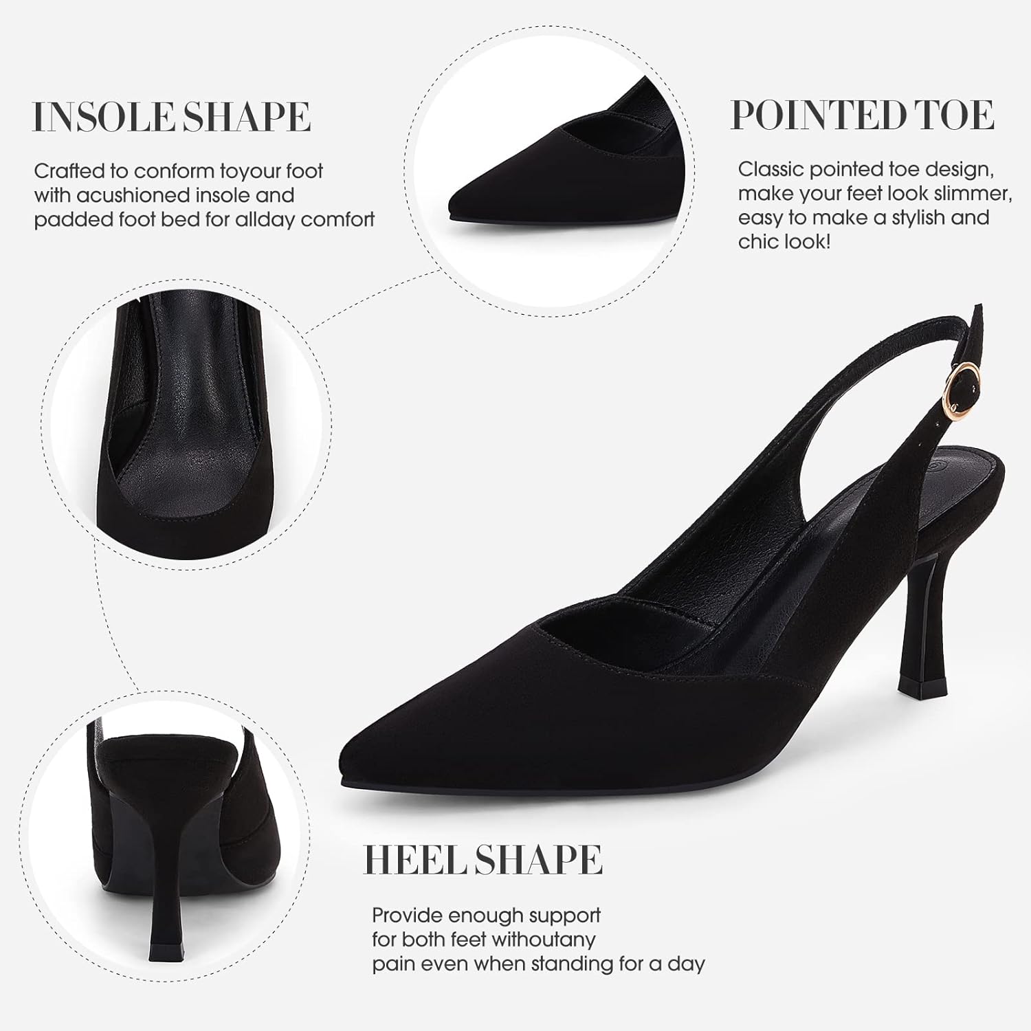 Detalle 2 de Rilista Women's Slingback Kitten Heels: Closed Pointed Toe, 2.75" Mid Heel, Faux Leather Pumps