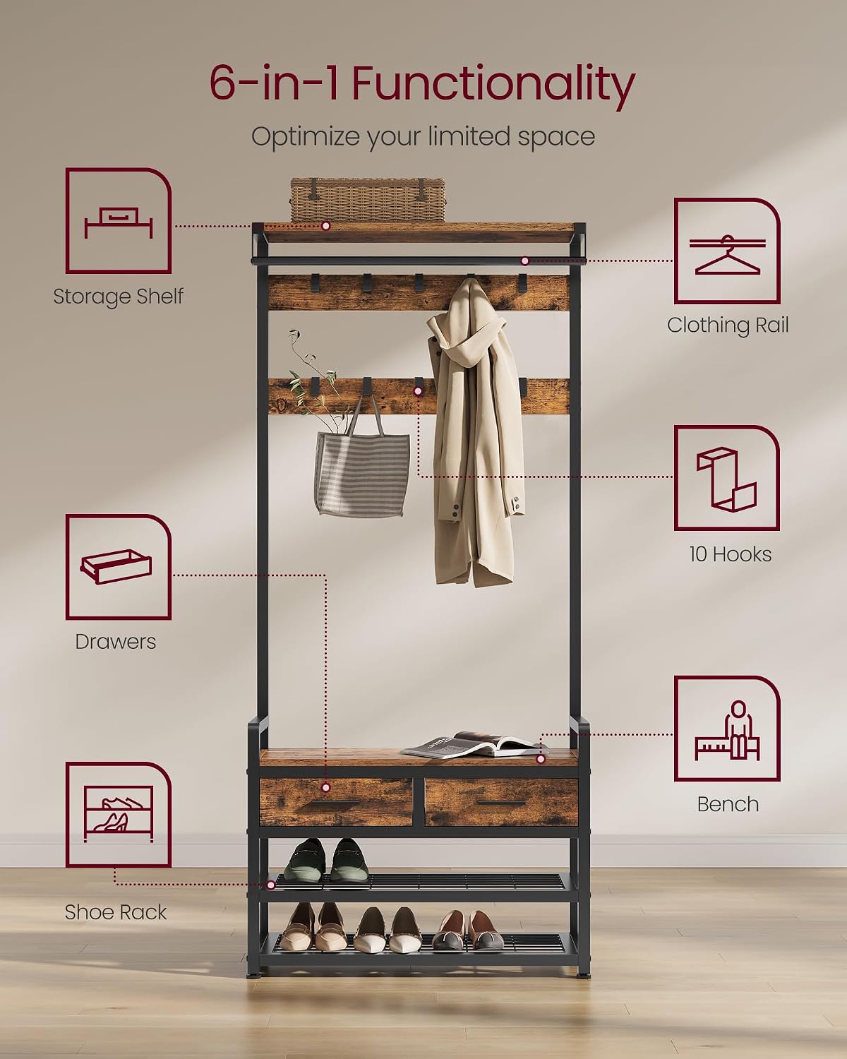 Detalle de VASAGLE UHSR429B01 Hall Tree with Bench, 10 Hooks and Fabric Drawers