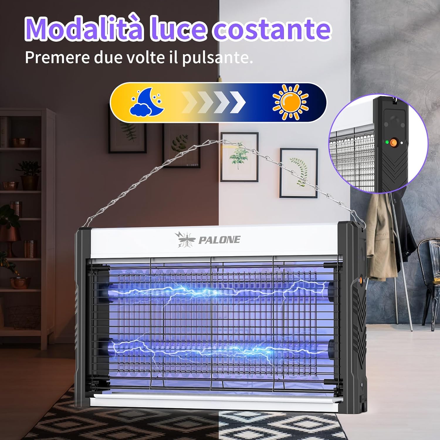 Detalle 2 de PALONE Lampada Antizanzare Elettrica con Ricarica Solare 3600mAh – Protezione versatile per interni ed esterni