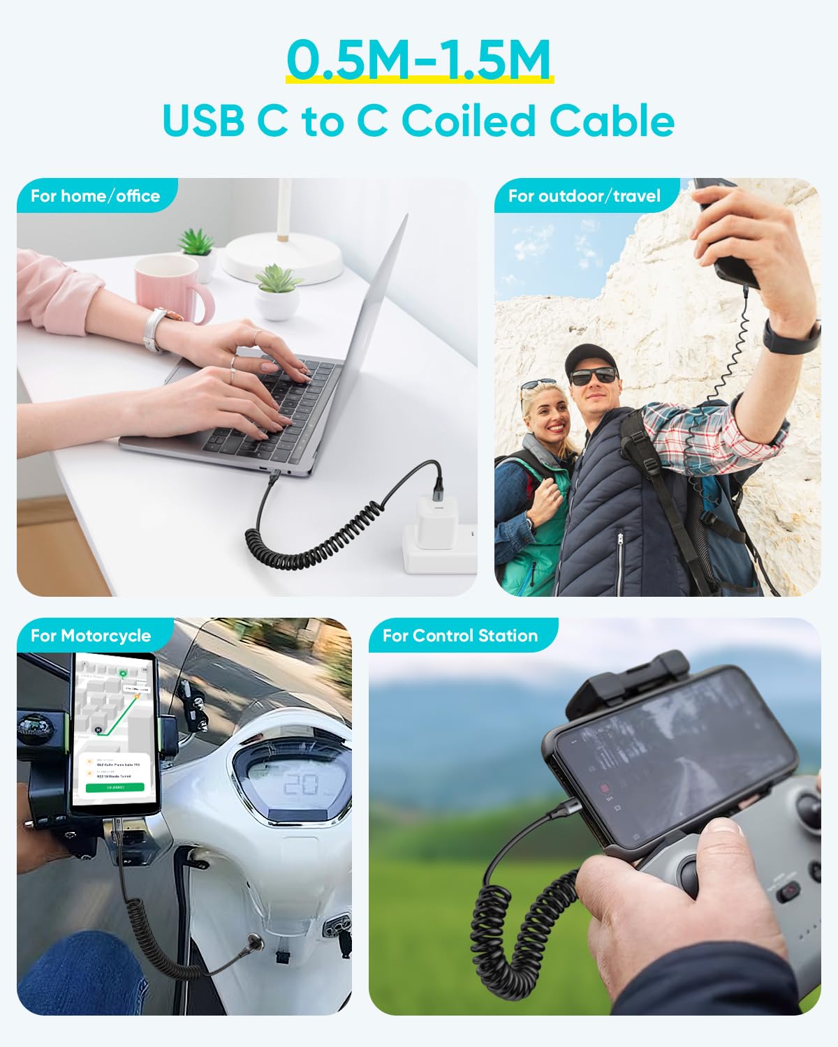 Thumbnail 4 de SUNGUY USB‑C Spiralkabel (USB‑C auf USB‑C), 2 m – bis 60 W Schnellladen & 480 Mbit/s für Auto, iPhone, Android & mehr