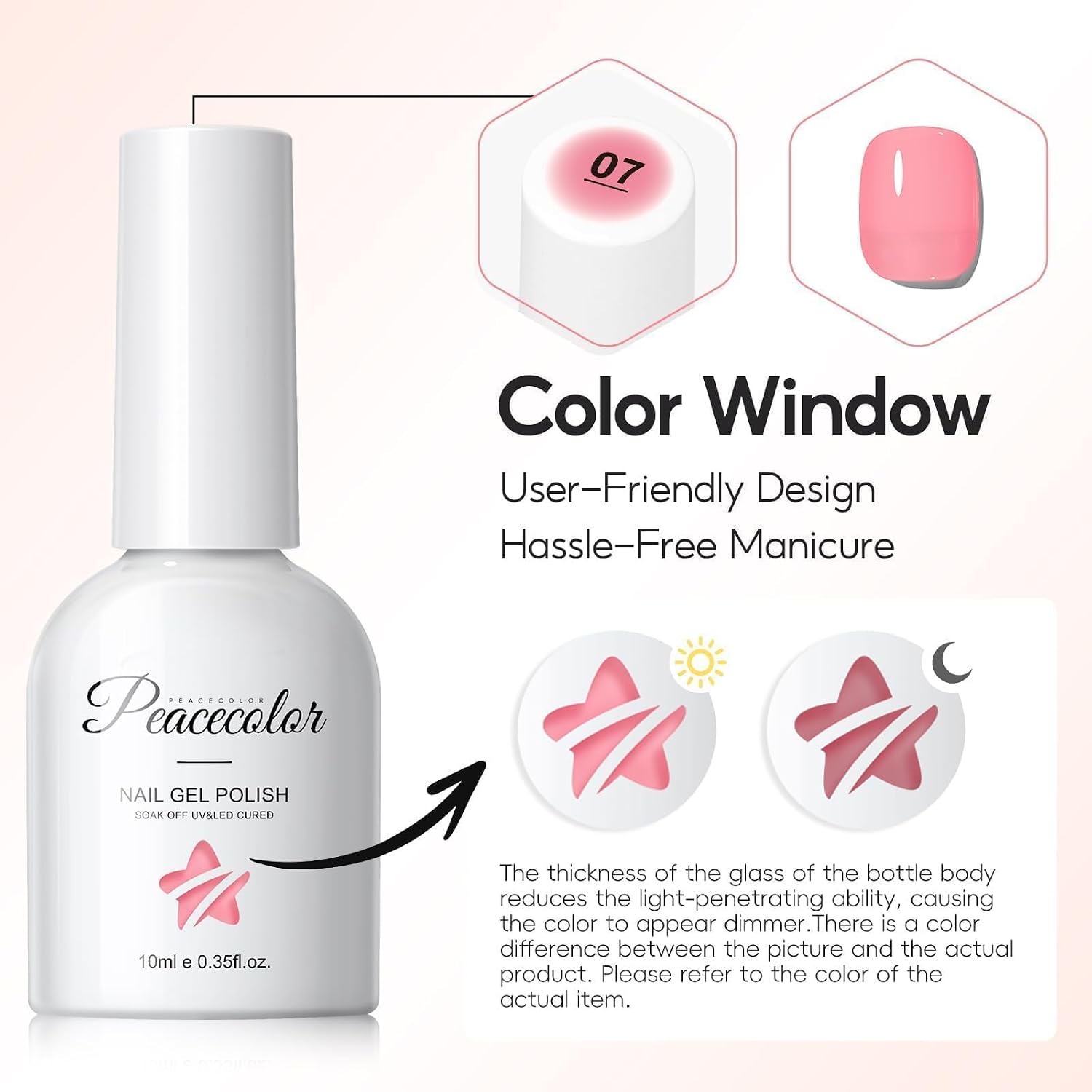 Thumbnail 6 de PEACECOLOR Vernis semi permanent 6 couleurs rose laiteux (transparent) à effet gelatina, UV/LED, 10 ml