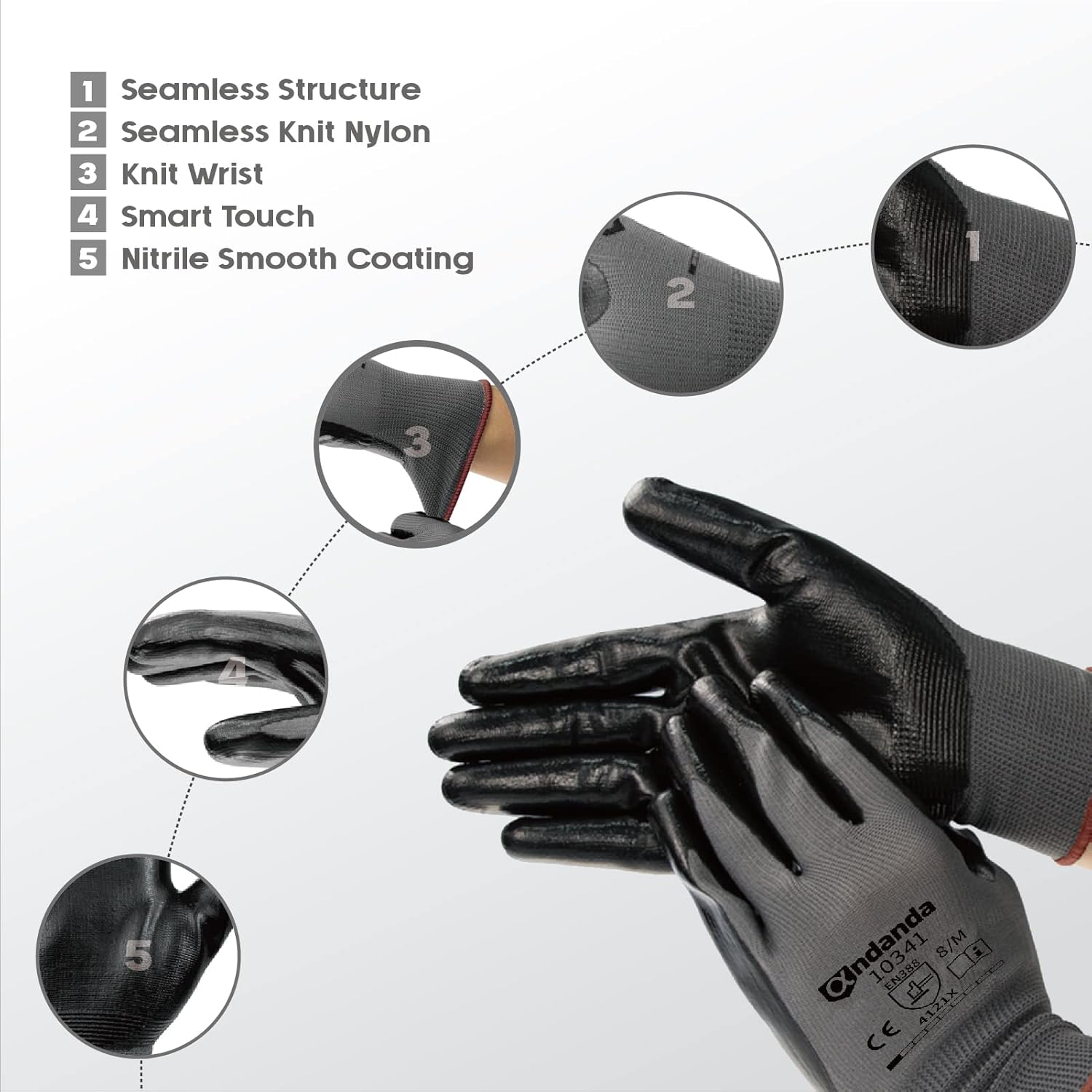 Thumbnail 1 de ANDANDA Men's Work Gloves with Nitrile Coating (Size L) – Pack of 12