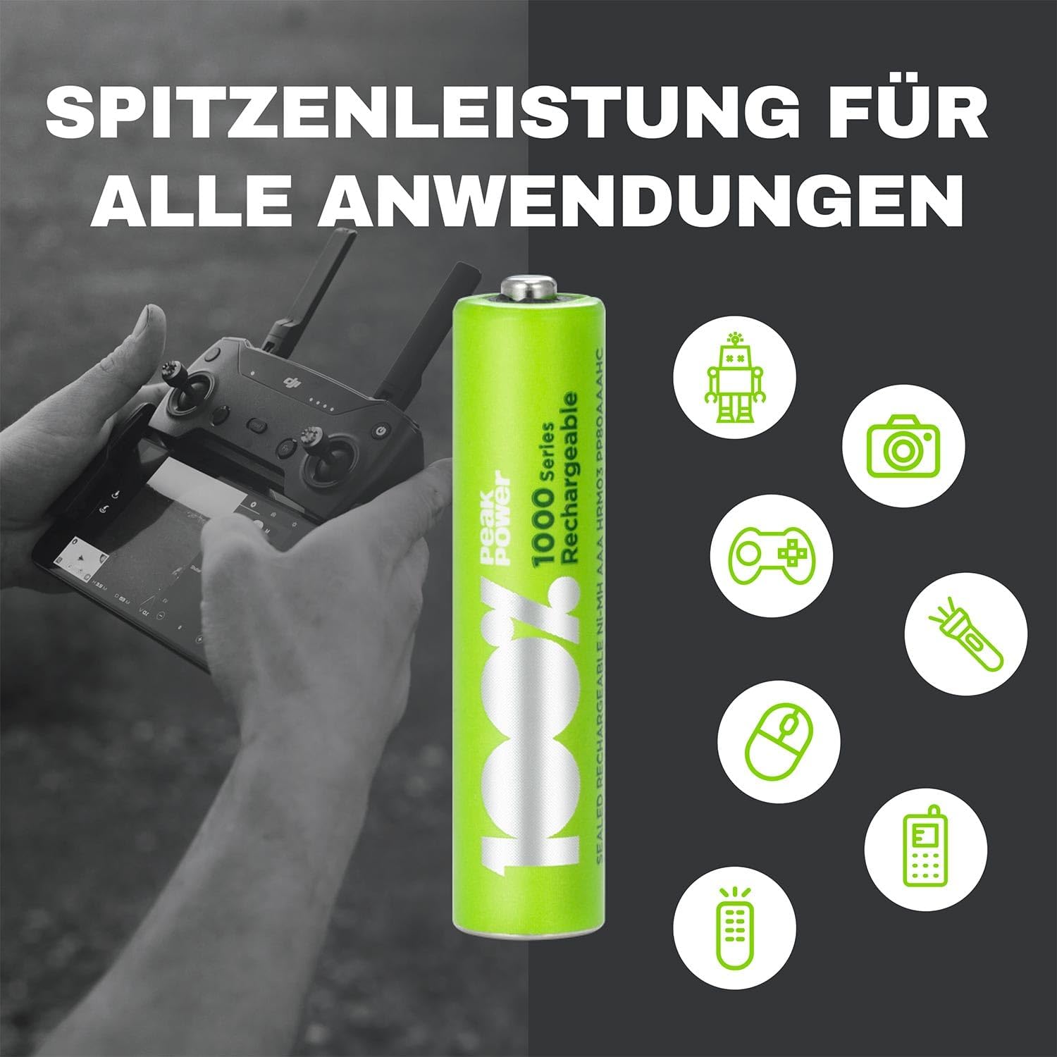Detalle de 100%PeakPower PeakPower Akku AAA (LR3) 1,2 V – 4er-Set NiMH, vorgeladen
