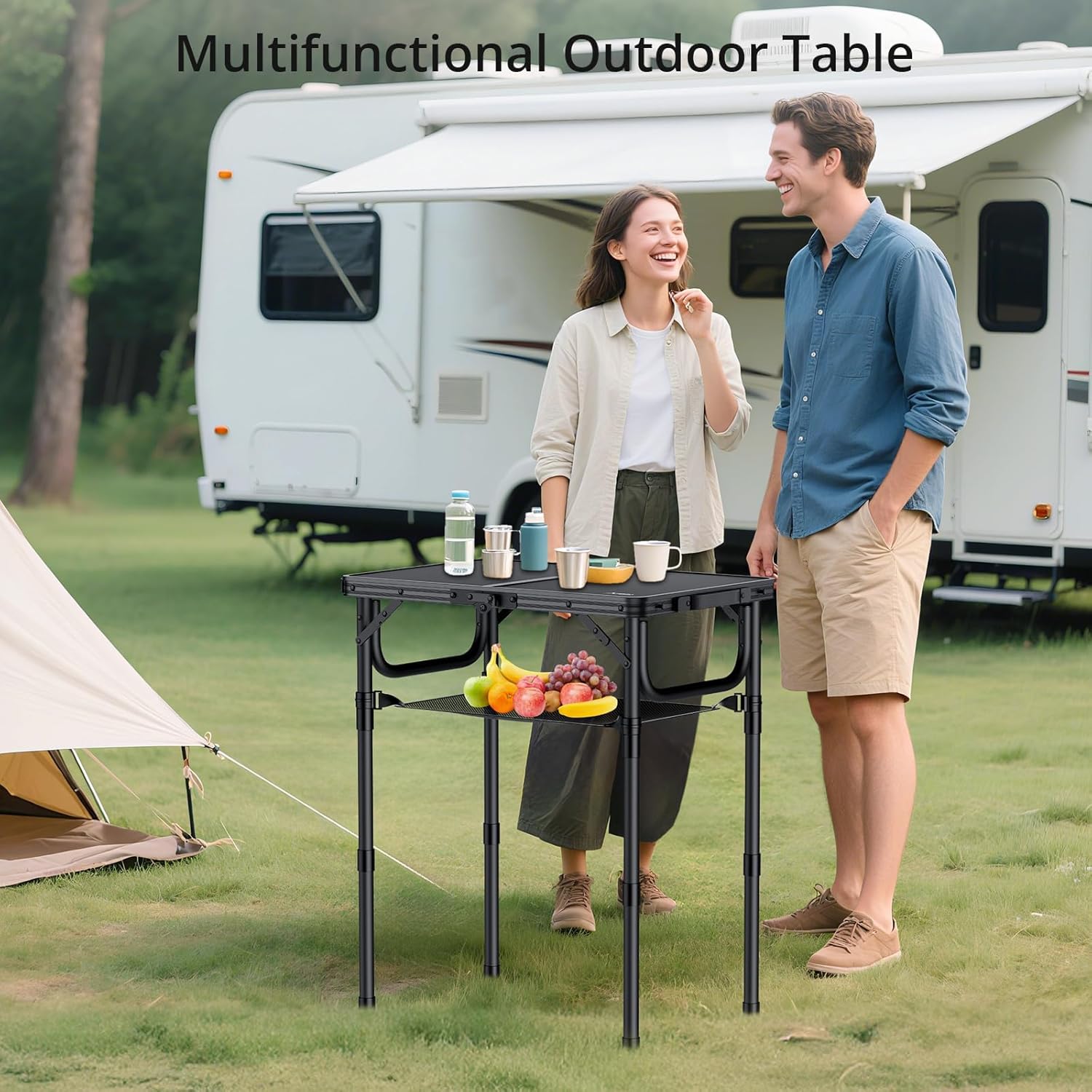 Thumbnail 1 de Anbte Folding Camping Table with Storage Net – 60x40 cm, 3-Height Aluminium Desk