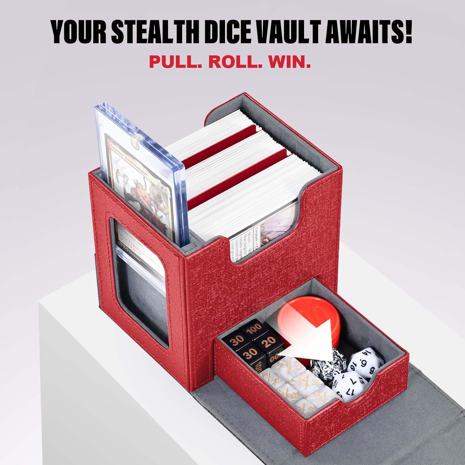 Detalle 2 de Kabinka Commander Deck Box for MTG with Dice Tray – 100+ Cards, Metal Emblem, and Hidden 35pt Magnetic Card Holder