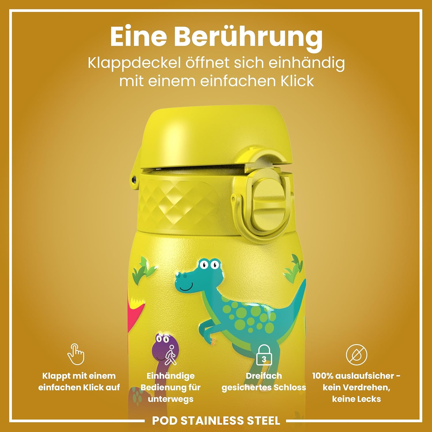 Thumbnail 2 de ion8 Kinder Trinkflasche Edelstahl Leicht 400ml – Auslaufsicher, Klappdeckel, Dinosaurier