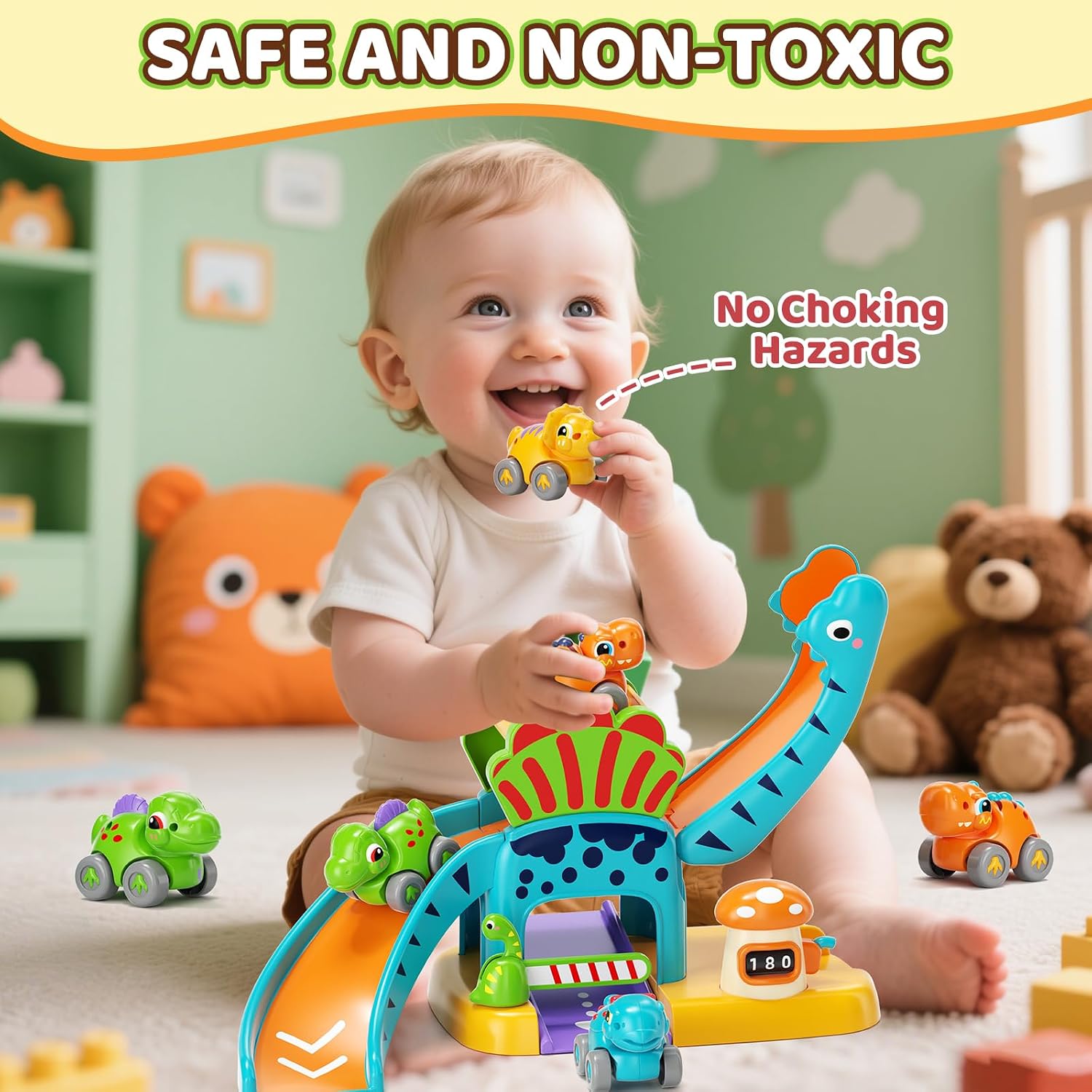 Detalle de Lehoo Castle Dinosaur Toys: toddler learning slide with 4 mini push cars (for 12–18 months)