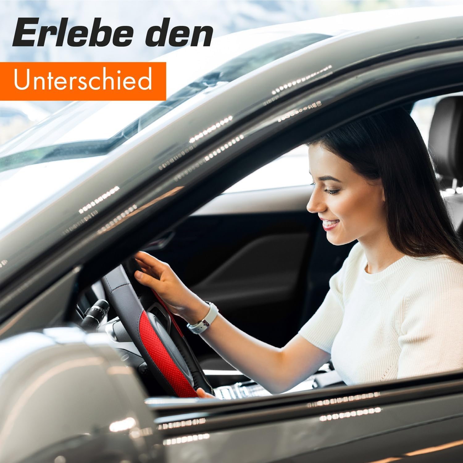 Detalle de Upgrade4cars D-Form Lenkradbezug in Rot (Lenkradschoner universal, 37–38 cm)