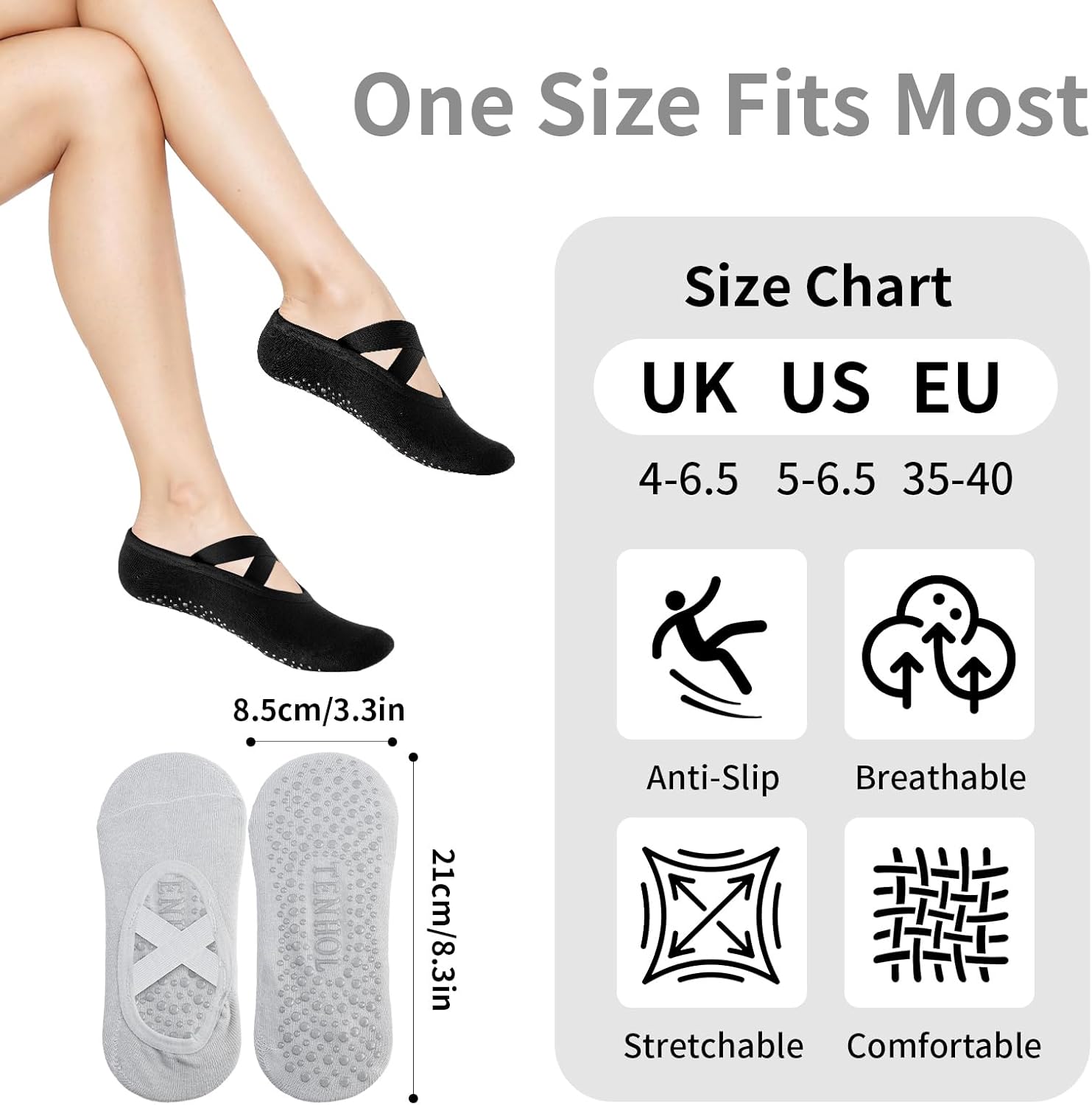 Thumbnail 1 de FICOFISE 6 Paar Rutschfeste Yoga Socken – Anti-Rutsch-Sohlen, atmungsaktiv, Kreuzgurten, Damen EU 34-40 (6 Farben)