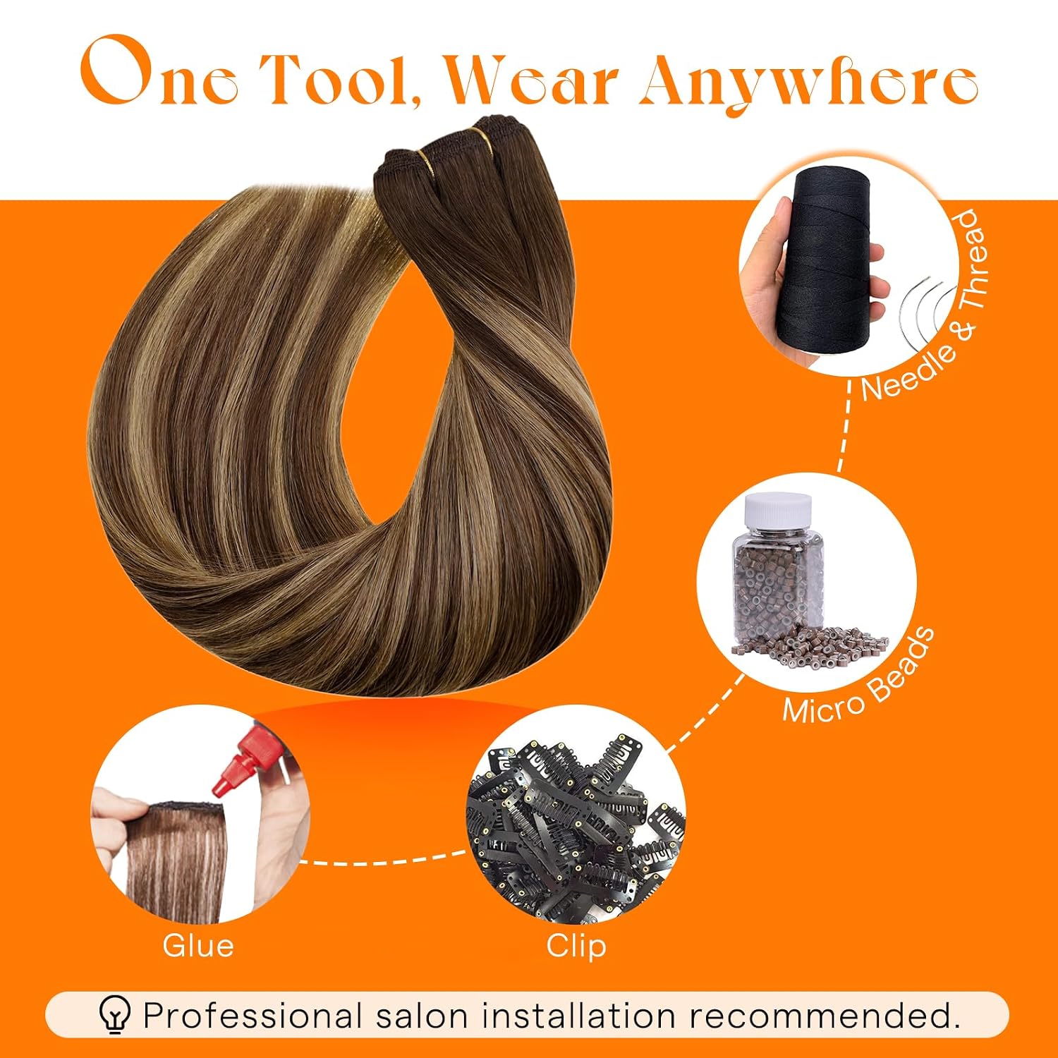 Detalle de Sunny Hair Sew In Hair Extensions Real Human Hair – 120g Balayage Hand-Tied Weft, Dark Brown to Caramel Blonde, 20 Inch