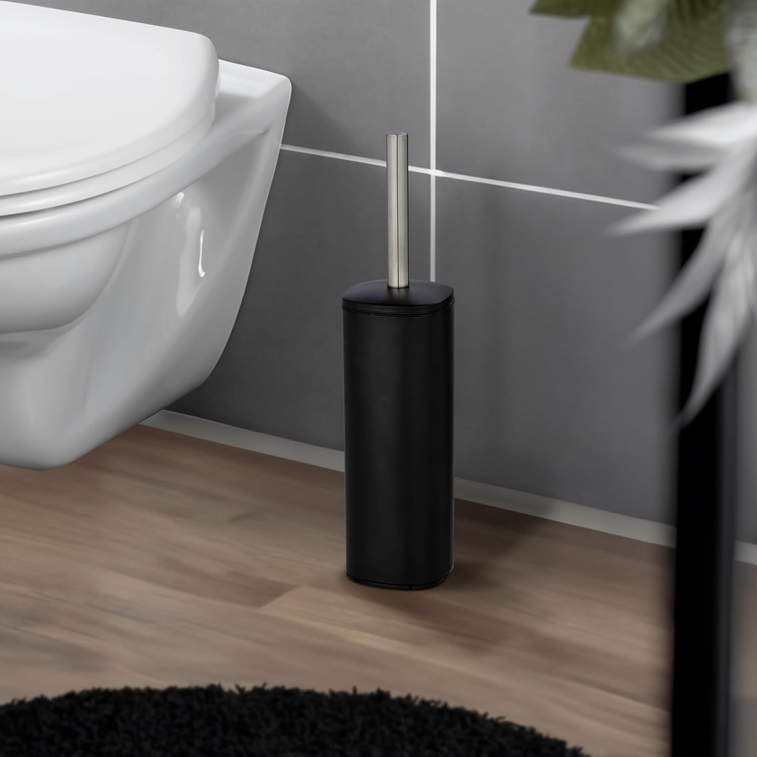 Detalle de WENKO Piantana set WC Alassio: portascopino chiuso in acciaio inox satinato, nero opaco