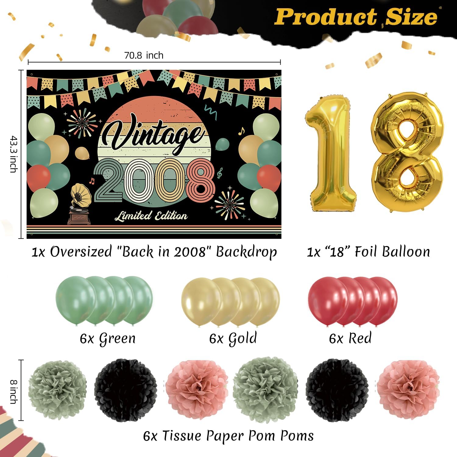 Detalle de PLOZZY Vintage 18th Birthday Decorations, 47-Piece Set with Backdrop