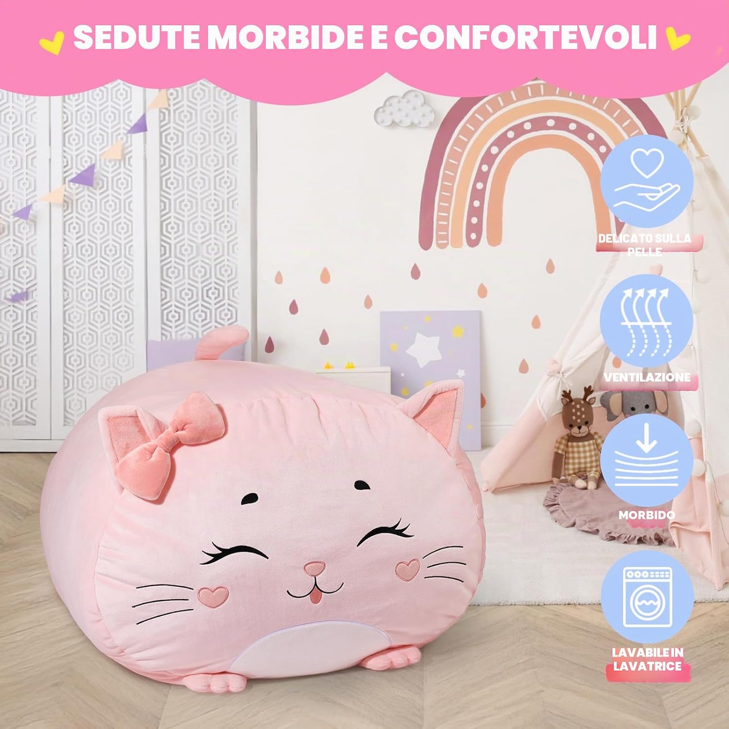 Thumbnail 6 de GAGAKU Pouf di peluche 60x60 cm XXL con copertura per bambini – Organizer morbido per la cameretta