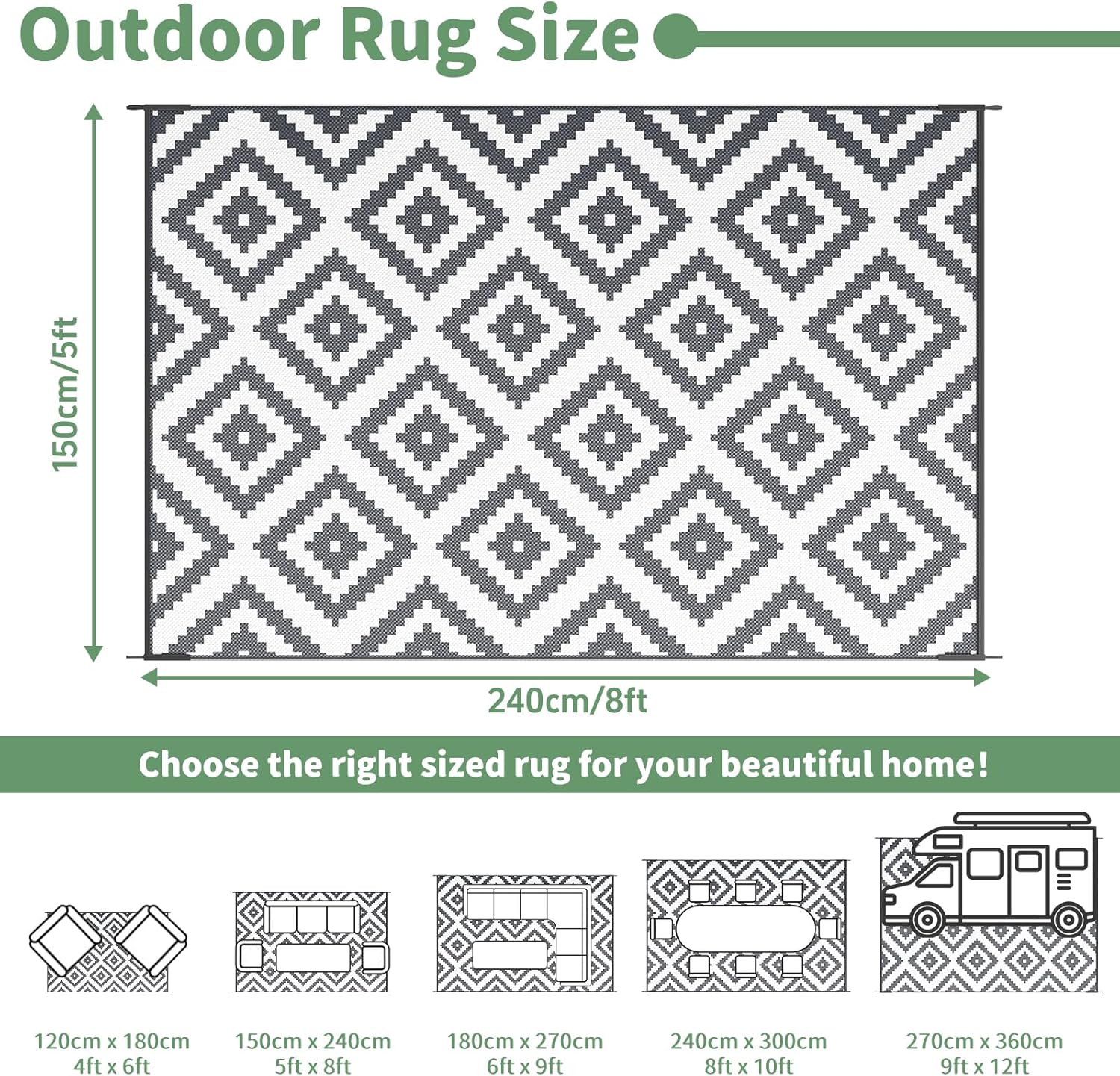 Thumbnail 1 de Habaylin Outdoor Rug for Patios – Waterproof, Reversible, Large 150x240 cm
