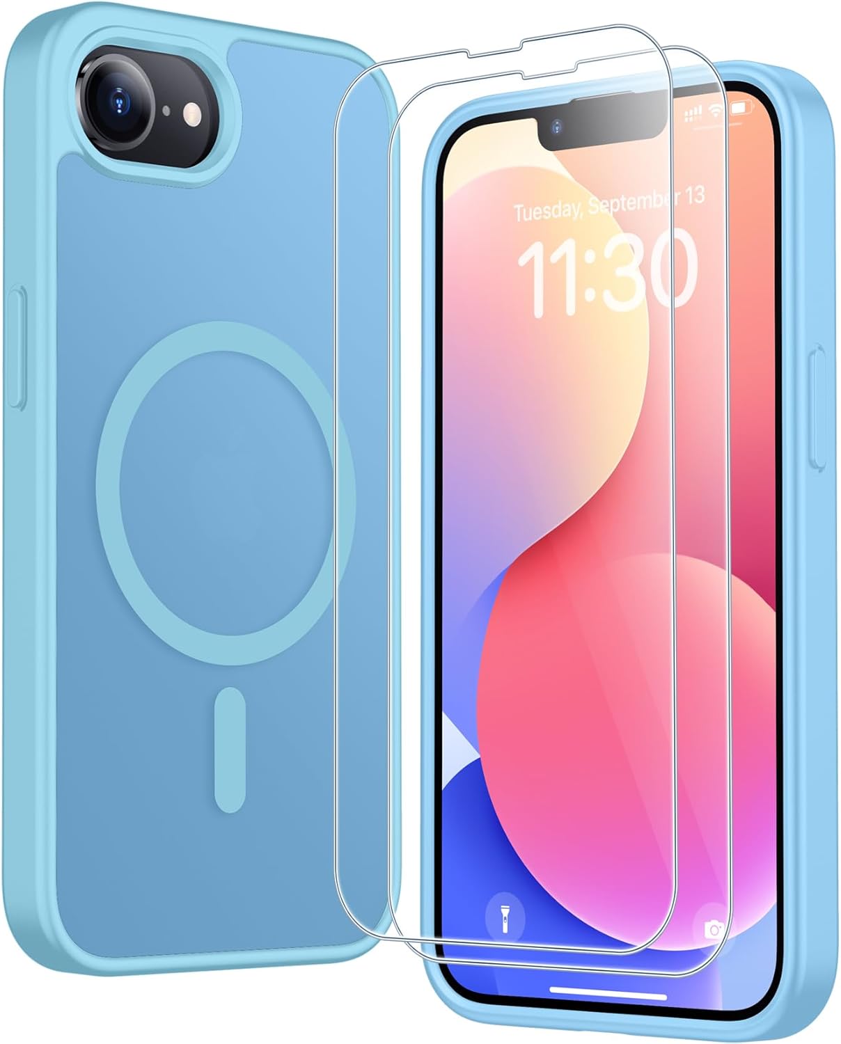 Detalle de SPIDERCASE for iPhone 16e/17e Case with Magnetic Translucent Matte Finish (Light Blue) — 2 tempered glass protectors