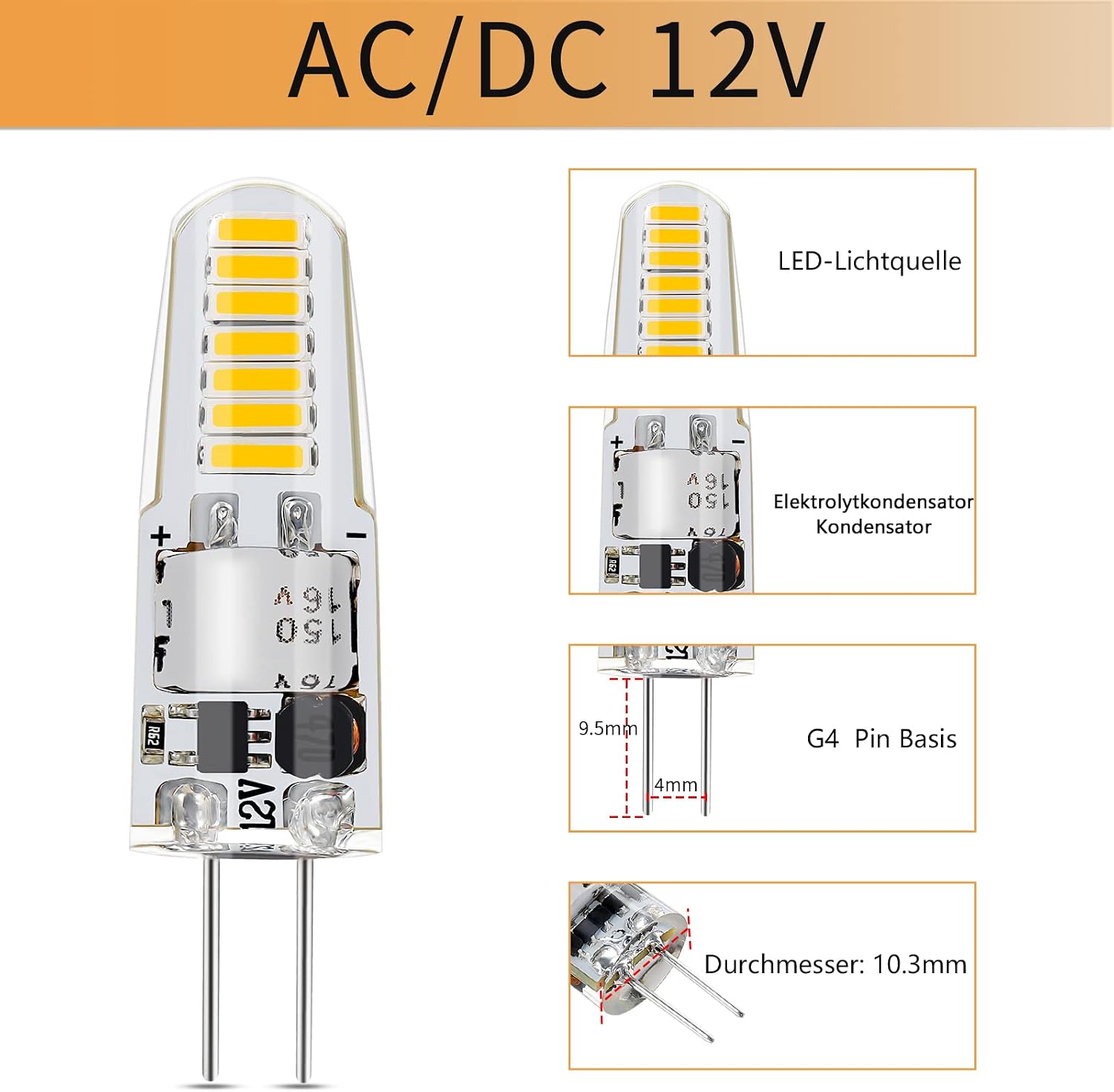 Detalle de I-SHUNFA LED-G4 G4 LED-lampor, 1,2 W, 4000 K, 12 V, 5-pack