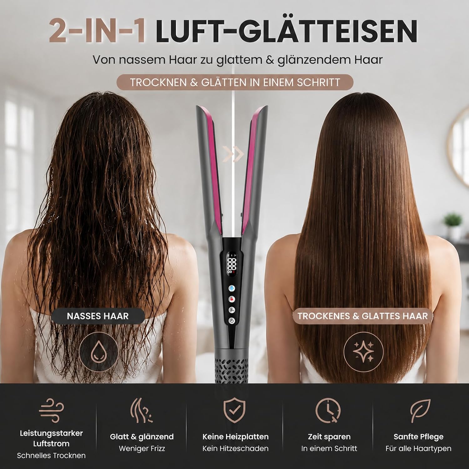 Detalle 2 de Slopehill Air Haarglätter 1600W – 2-in-1 Nass & Trocken Glätten mit 100% Plattenkontaktfrei