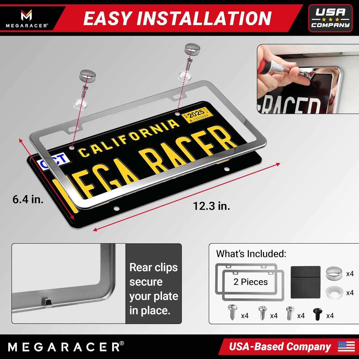 Thumbnail 5 de Polished Mirror Chrome Thin License Plate Frames (2-Pack) — Stainless Steel, Rattle-Free, Rust-Free, Street Legal