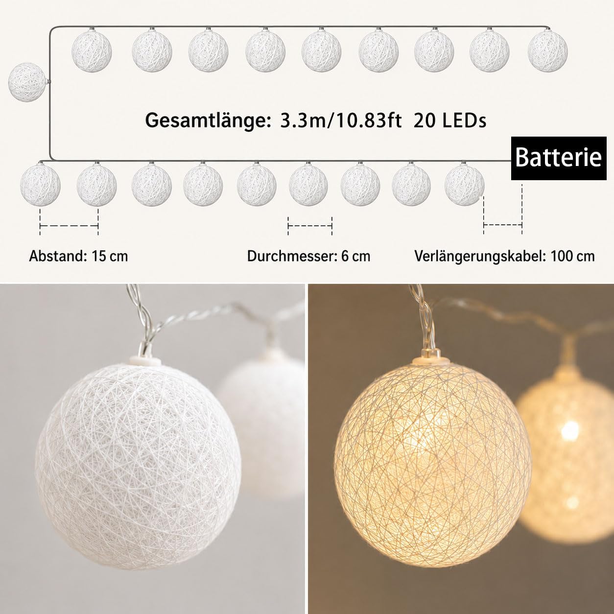 Detalle de LED Lichterkette Baumwollkugeln 3,3 m – batteriebetrieben, 20 Kugeln, IP44