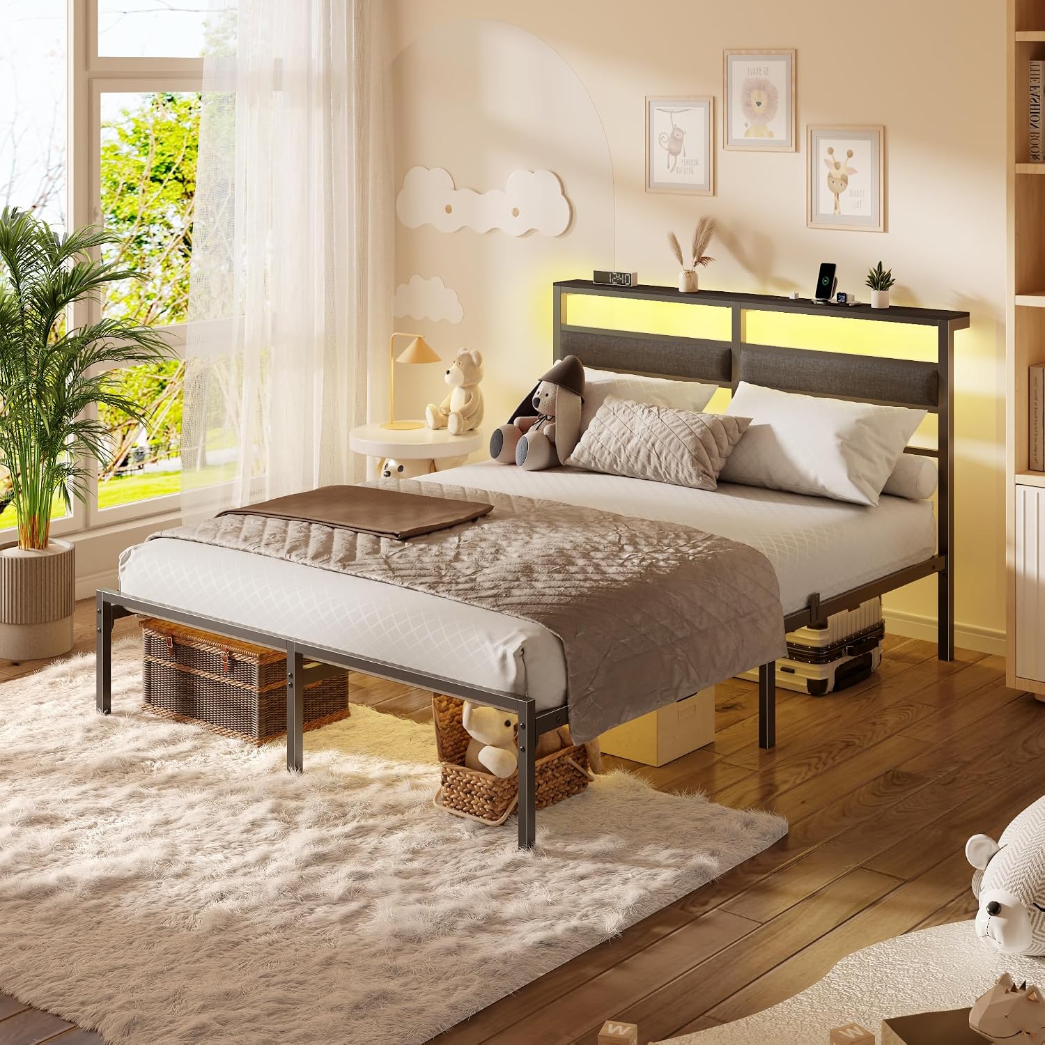 Thumbnail 5 de OURPIC BF019 Full Size Platform Bed Frame with RGB LEDs, Charging & Storage
