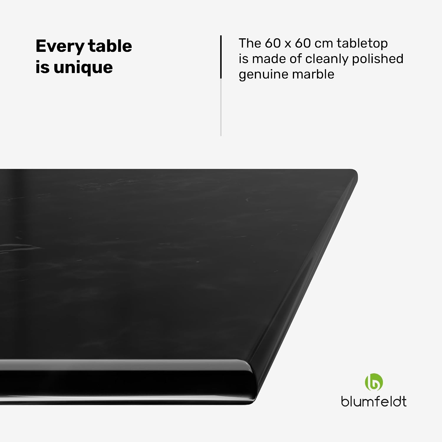 Detalle 2 de blumfeldt Patras – kwadratowy stół bistro 60 × 60 cm, czarny marmur i żeliwna podstawa