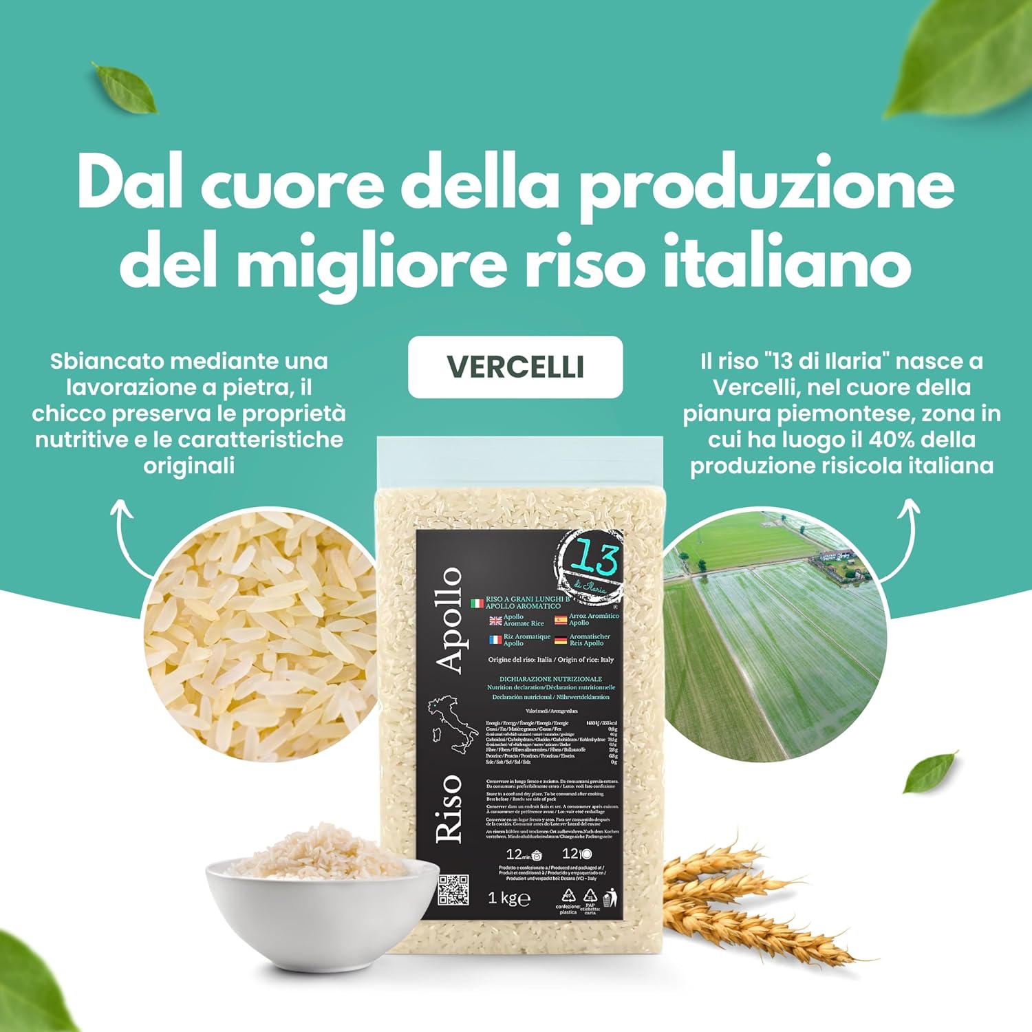 Detalle de Riso Apollo Italiano 2 kg (2x1 kg) – Senza Glutine e Profumato, Coltivato in Piemonte
