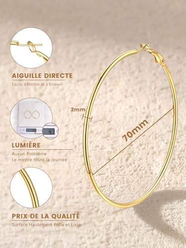 Detalle de GoldChic Créole Plaqué Or Femme 70 mm — Boucles d’oreilles créoles en acier inoxydable doré