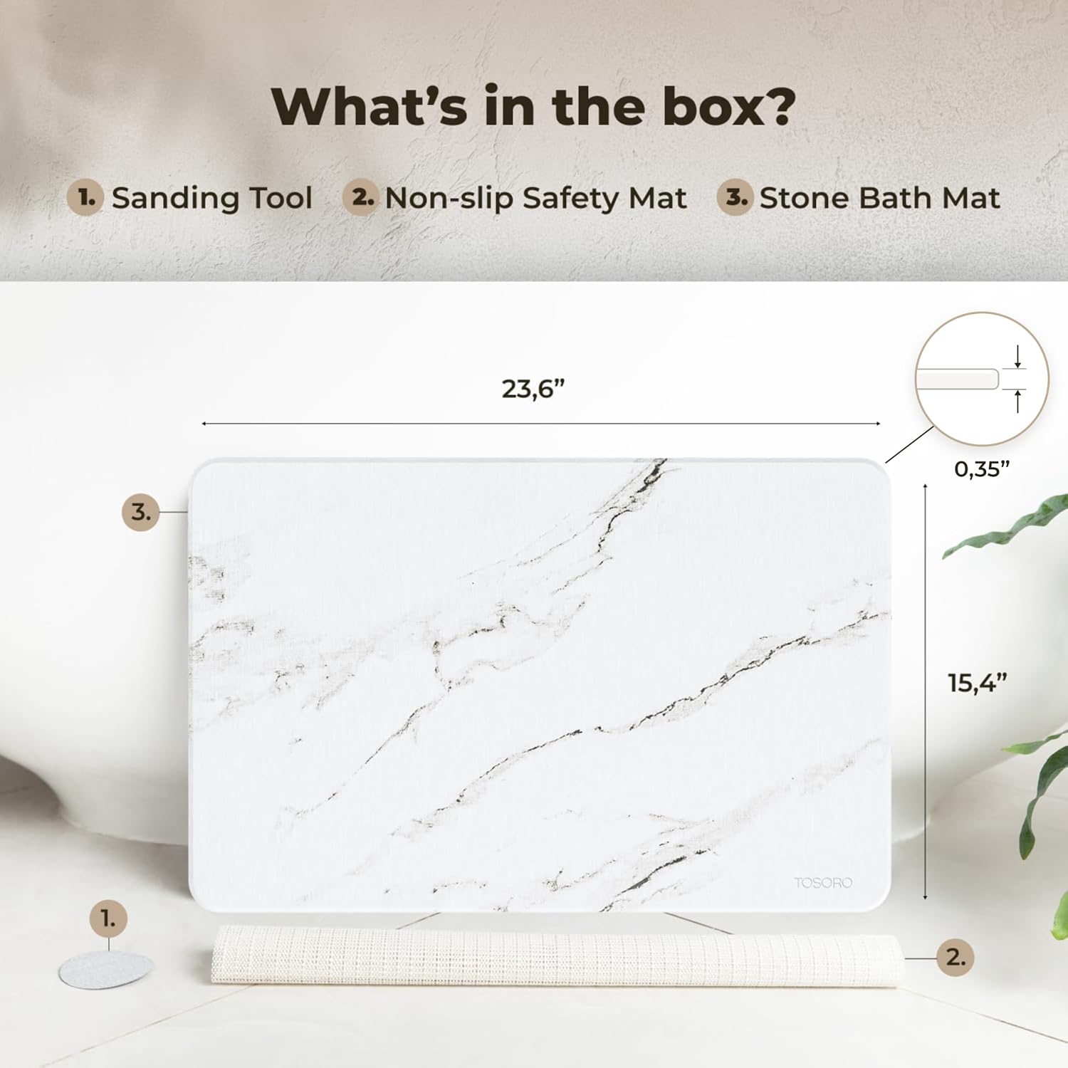 Detalle de TOSORO Stone Bath Mat: Diatomaceous Earth Non-Slip Quick-Drying Shower Mat (23.5 x 15) – Sandstone