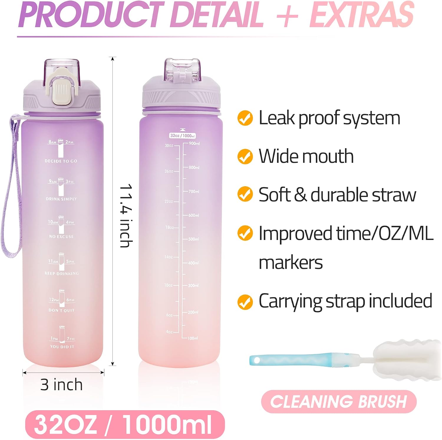 Detalle 1 de YC Kitchen 2212 waterfles van 1 liter met rietje en tijdmarkeringen