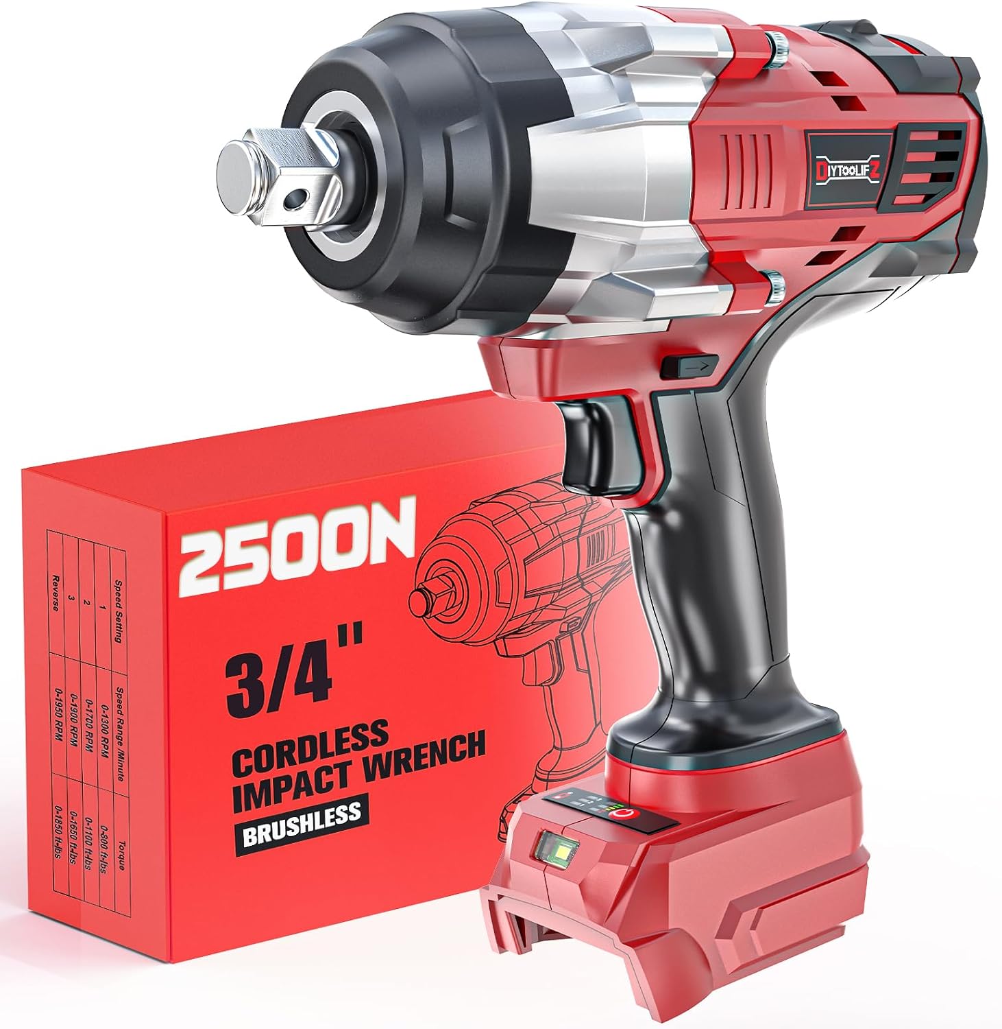Detalle de DIYtoolifz 3/4" Cordless Impact Wrench for Milwaukee 18V (Bare Tool) – 1850 FT-LBS Torque