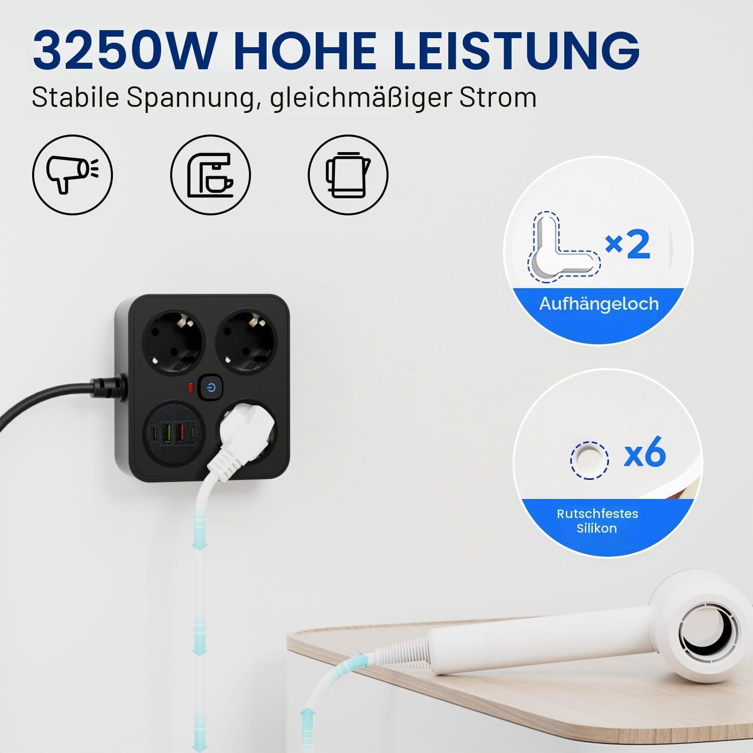 Thumbnail 4 de BOCHLION Steckdosenleiste mit 4 USB-Anschlüssen, Überspannungsschutz und 1,8 m Kabel