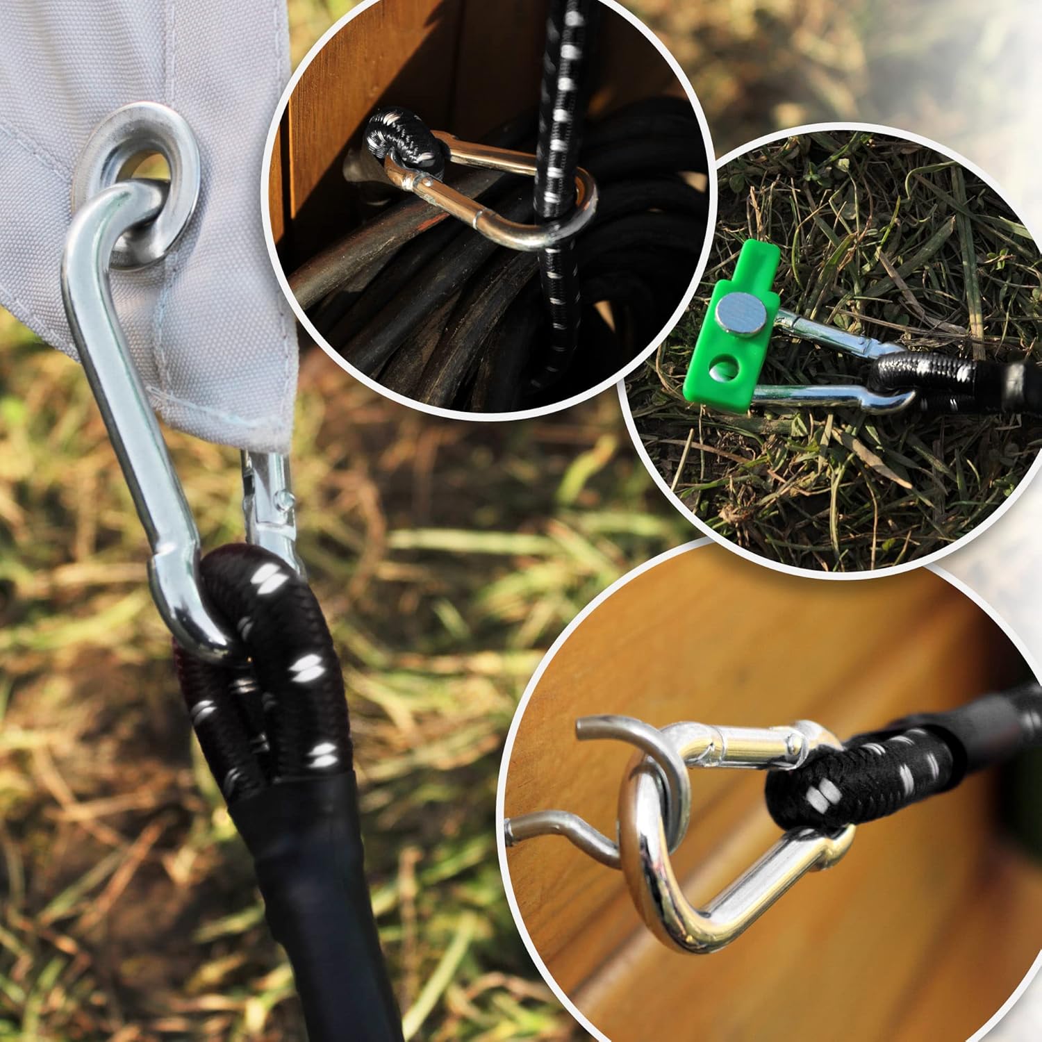 Detalle 2 de COM-FOUR 3 cinghie elastiche con moschettone: set da 3 pezzi da 100 cm con strisce riflettenti