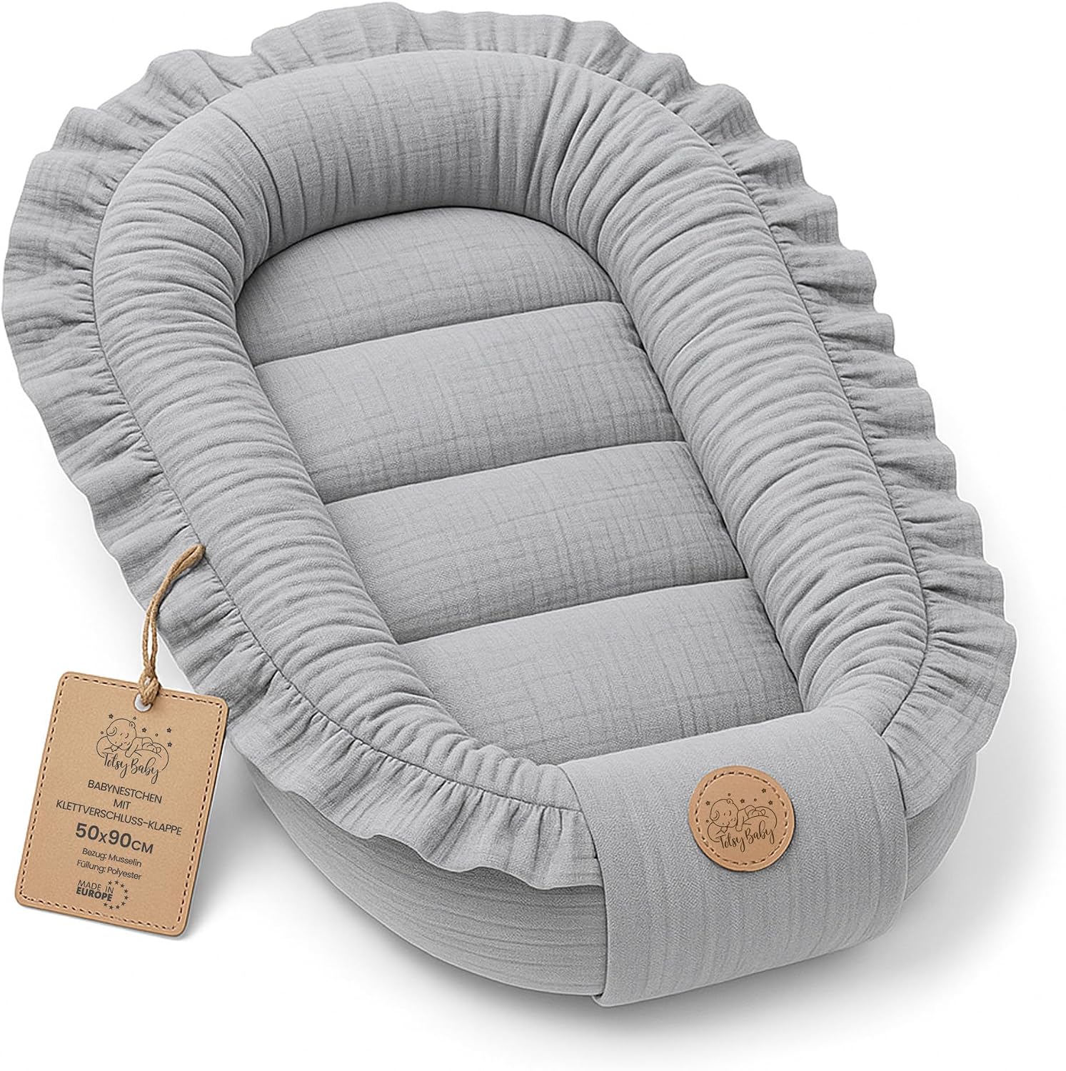Detalle de Totsy Baby babynestje van mousseline, 50 x 90 cm, grijs en ademend