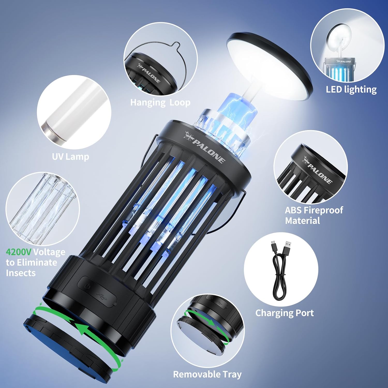 Detalle de Rechargeable Bug Zapper with Adjustable Light — PALONE 4000mAh USB Mosquito Killer