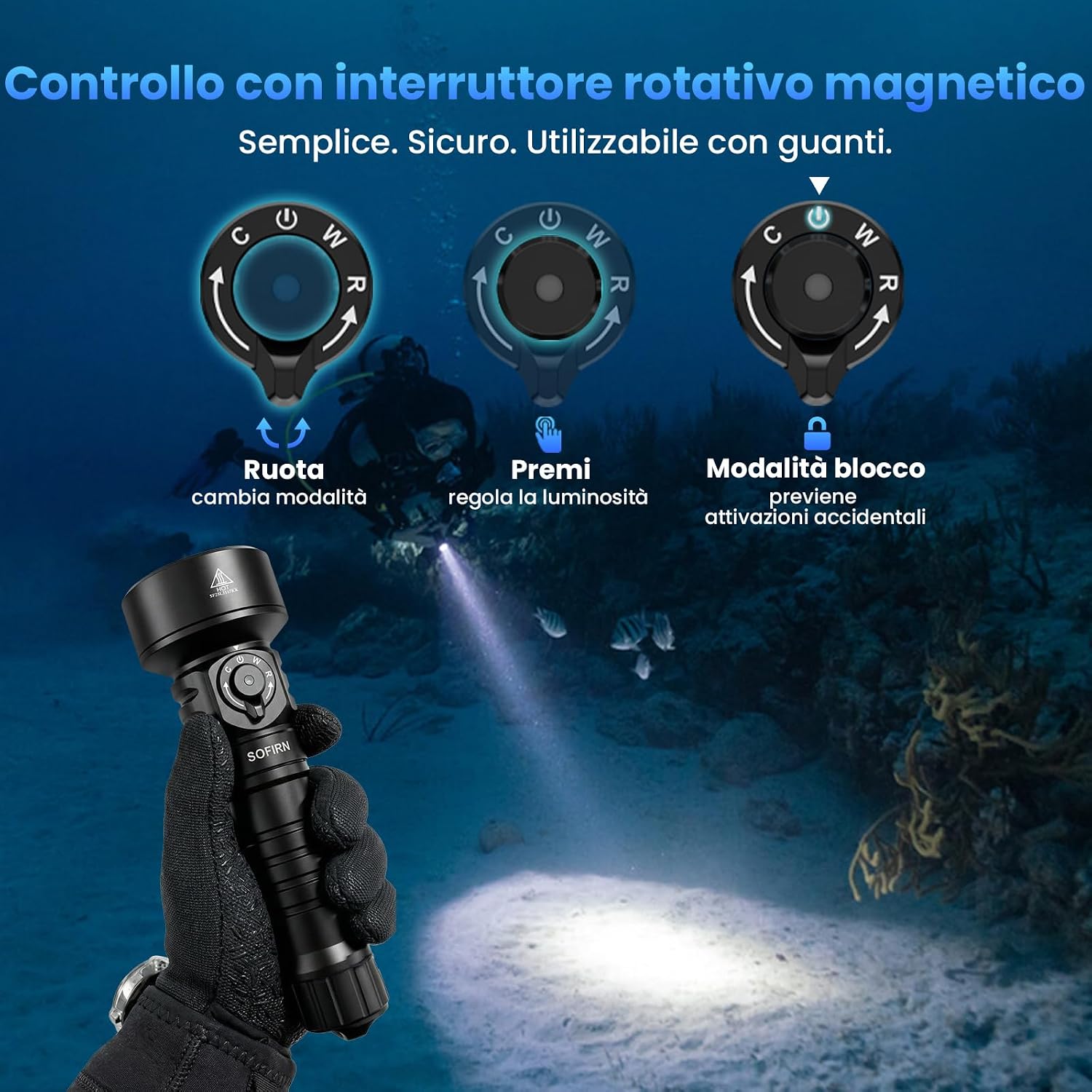 Detalle 2 de Sofirn SD11: Lampada subacquea da 5000 lm con CRI 90, USB-C e luce rossa