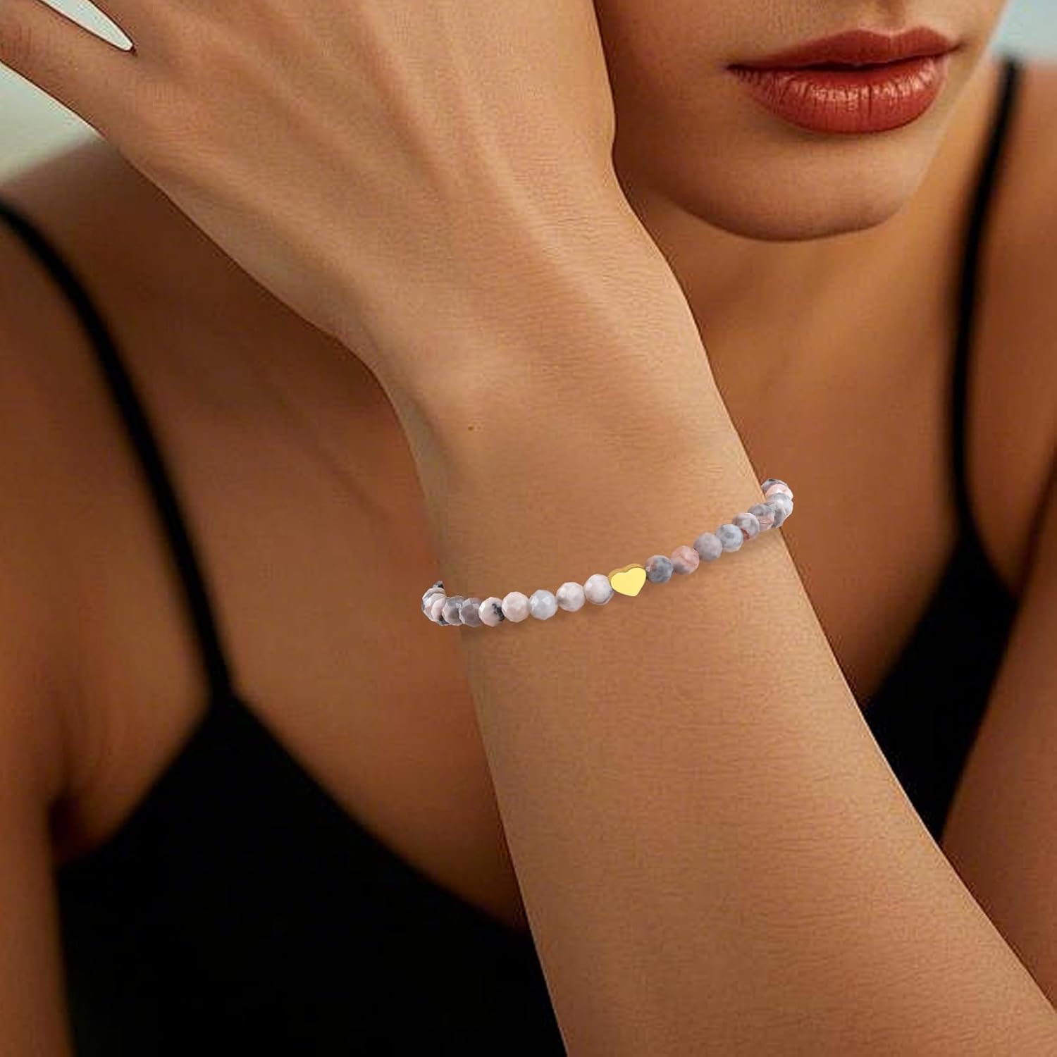 Thumbnail 4 de RUBY Edelstein Armband für Frauen – 4 mm Perlen, 18K Vergoldete Edelstahlherz-Accessoires, elastisch & handgefertigt