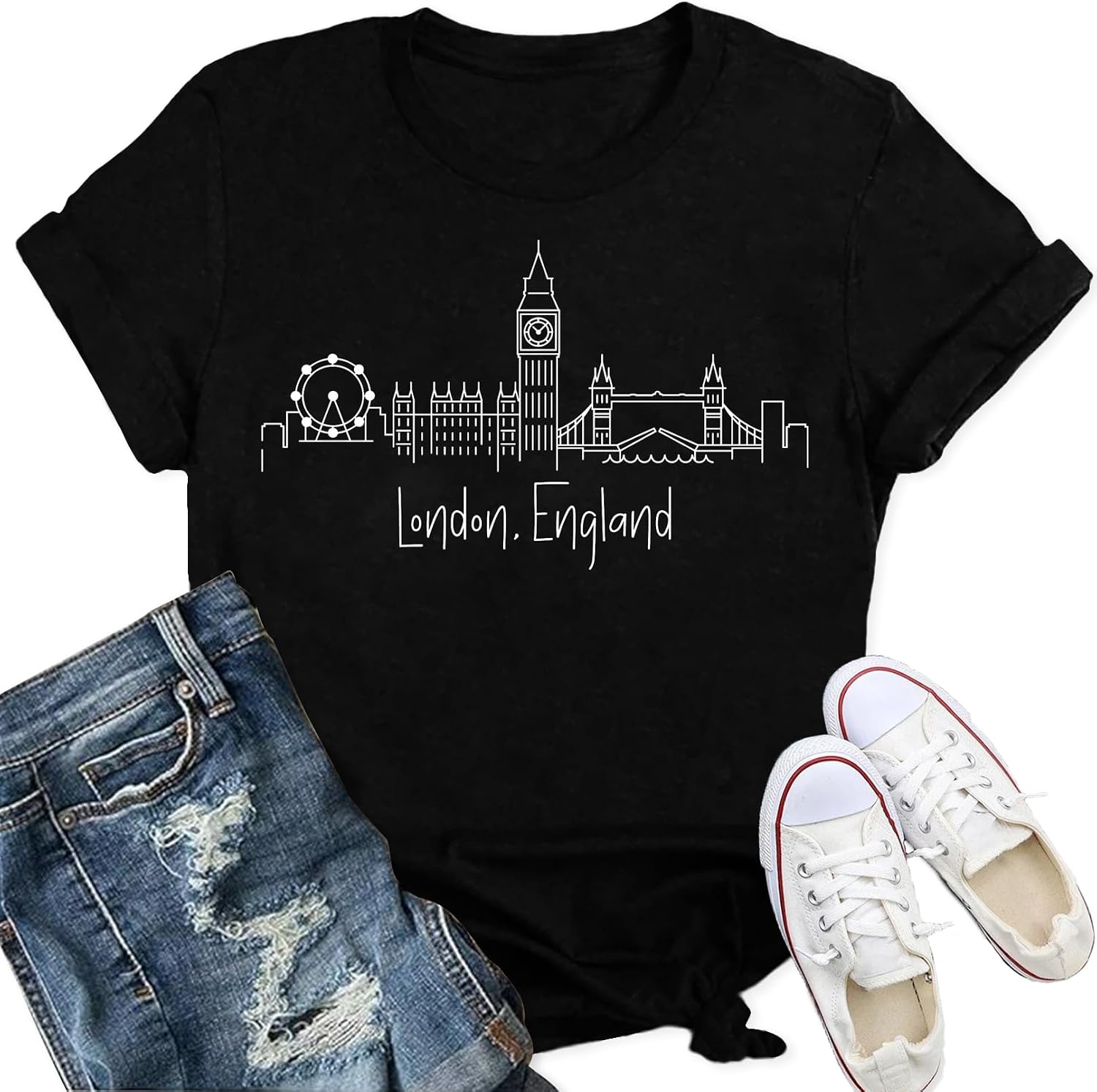 Detalle de Qskall women’s London England T-shirts with London skyline print (crew neck casual tee)