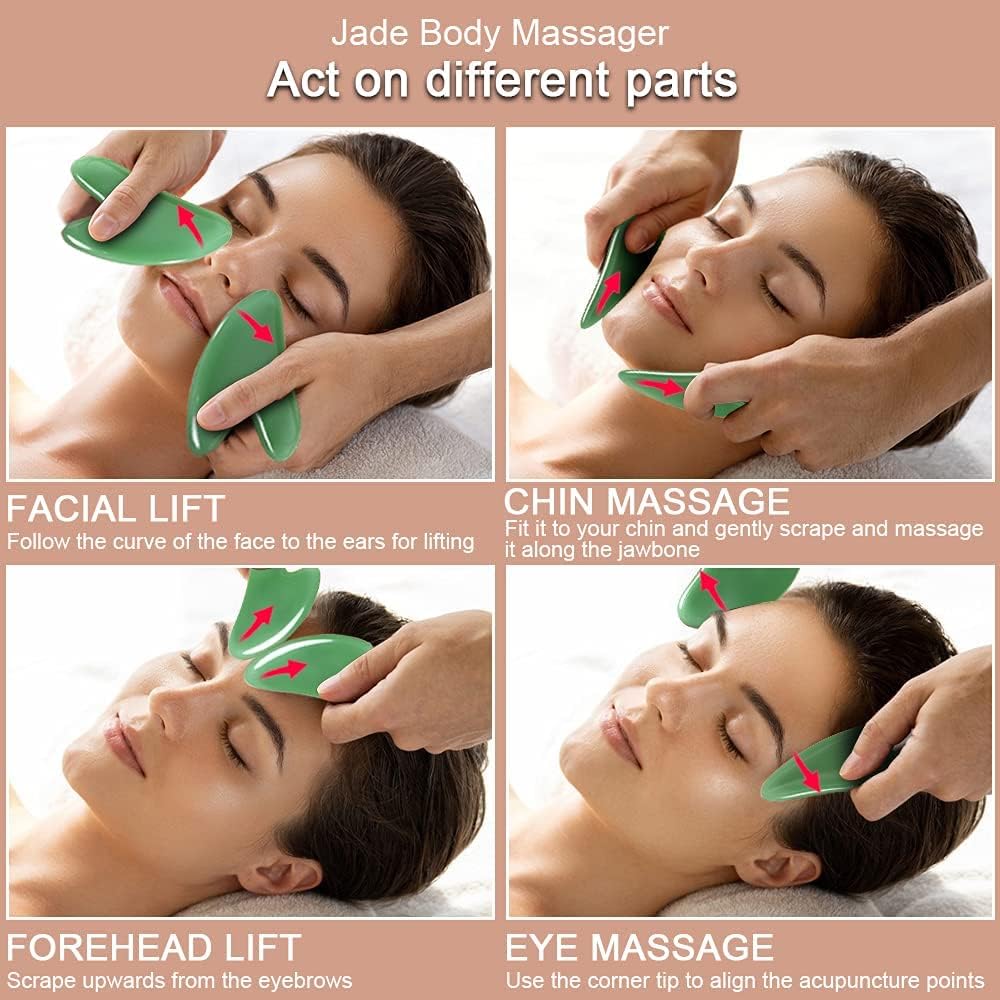 Thumbnail 4 de URAQT Gua Sha in giada naturale (2 pezzi) per viso e collo, strumento rassodante contro rughe e segni di tensione