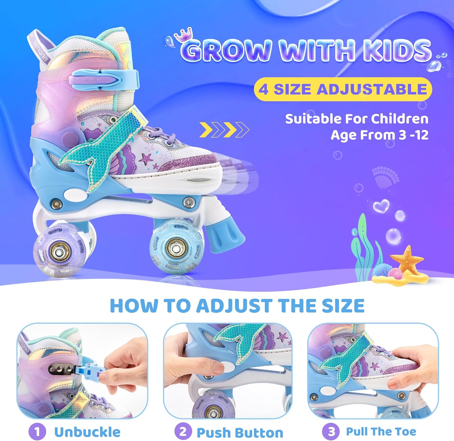 Thumbnail 1 de NEMONE Mermaid 4 Size Adjustable Light Up Roller Skates for Girls