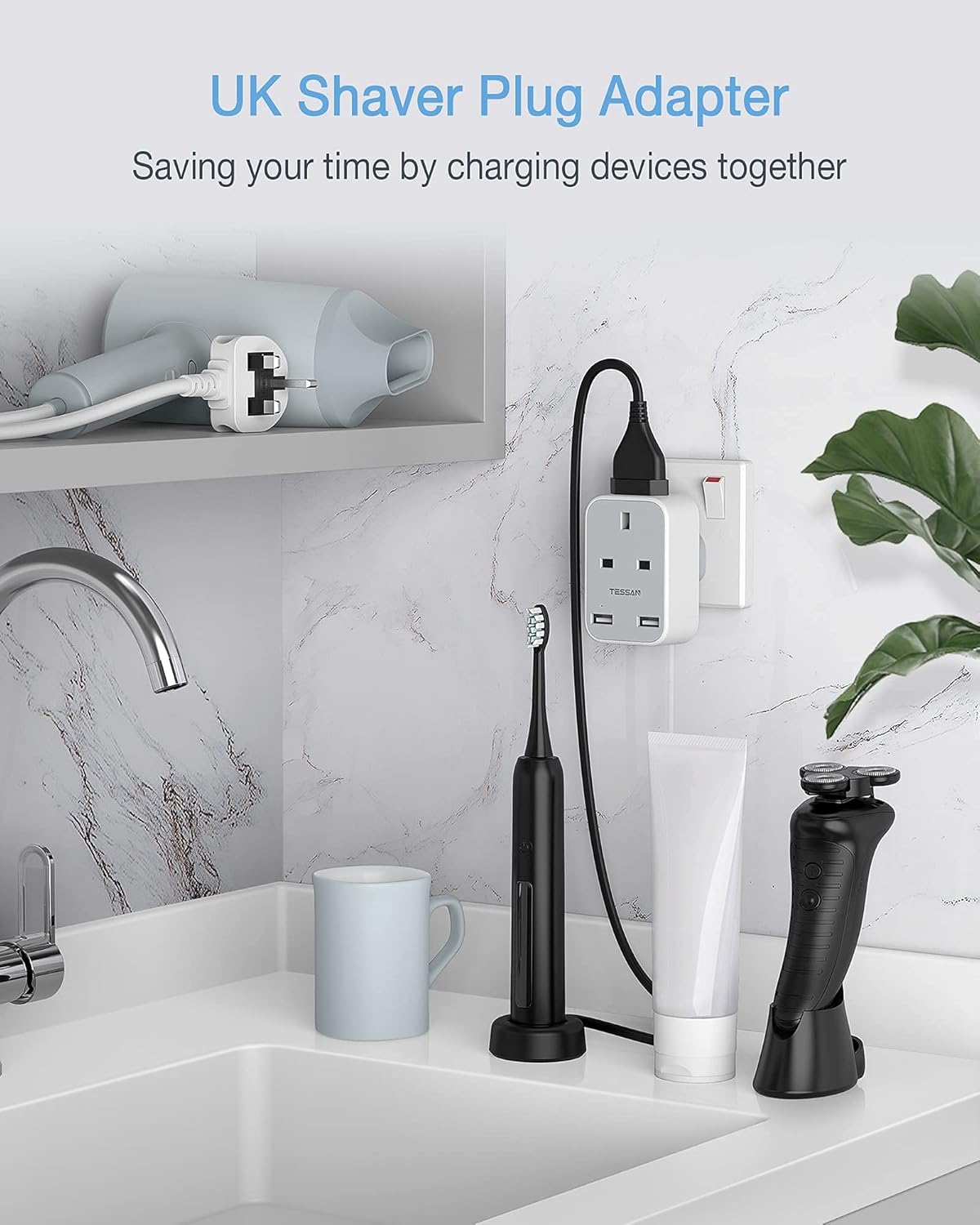 Thumbnail 5 de TESSAN Shaver Plug Adaptor UK with Double USB