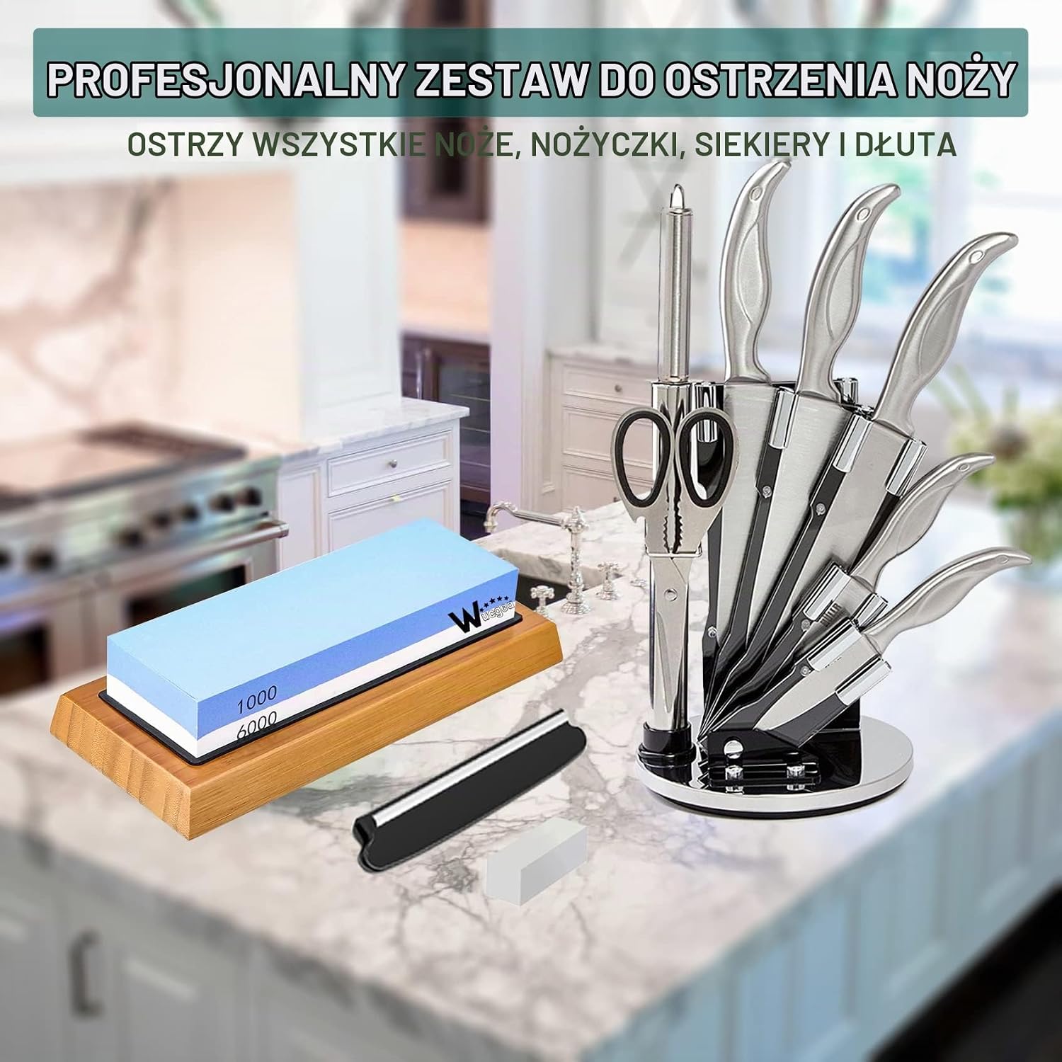Detalle de wucgea 5 in 1 – osełka 1000/6000 z bambusową podstawą i prowadnicą kąta