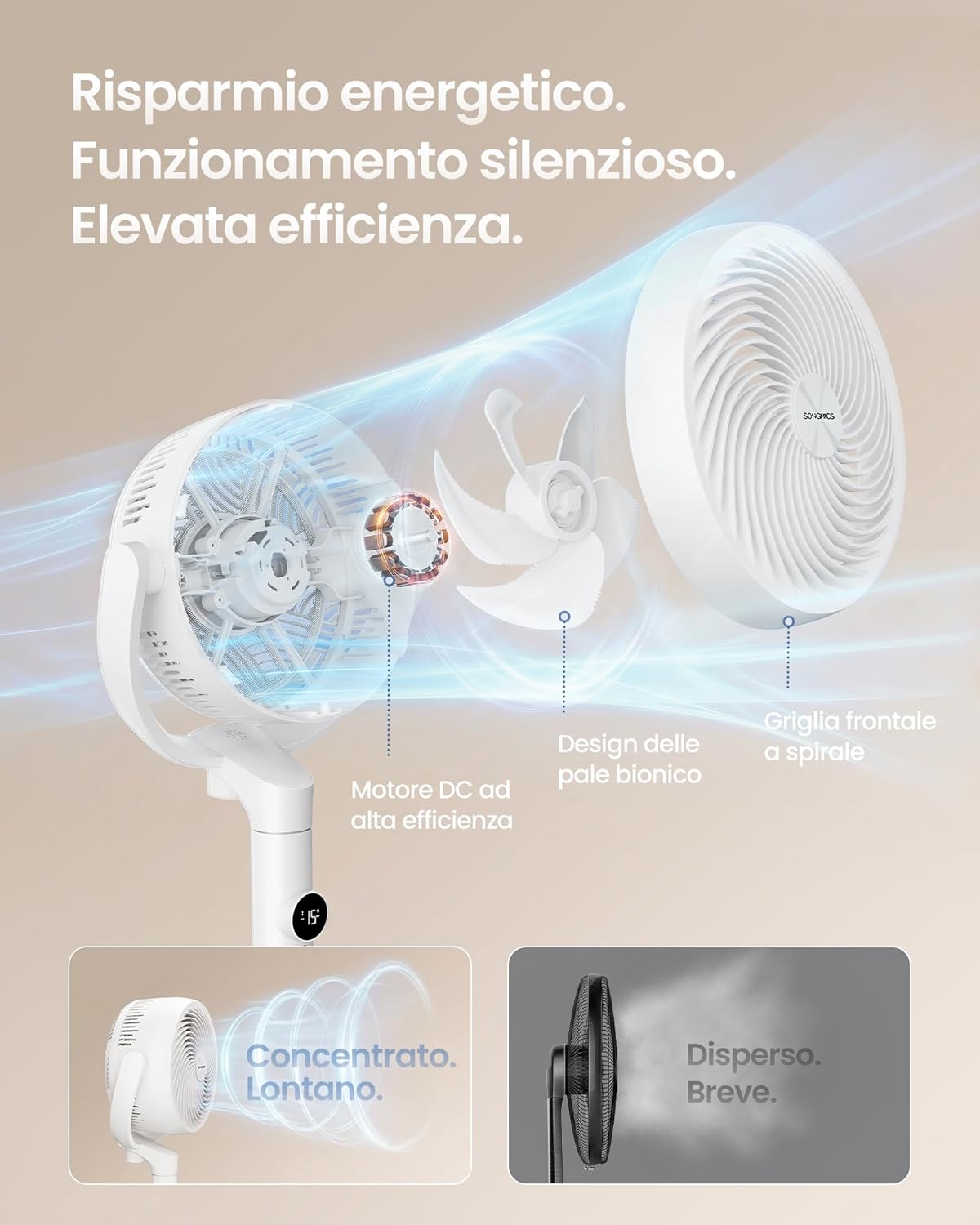 Detalle 2 de SONGMICS Ventilatore a Piantana XFC002W1EU: silenzioso, versatile e regolabile per ogni stanza