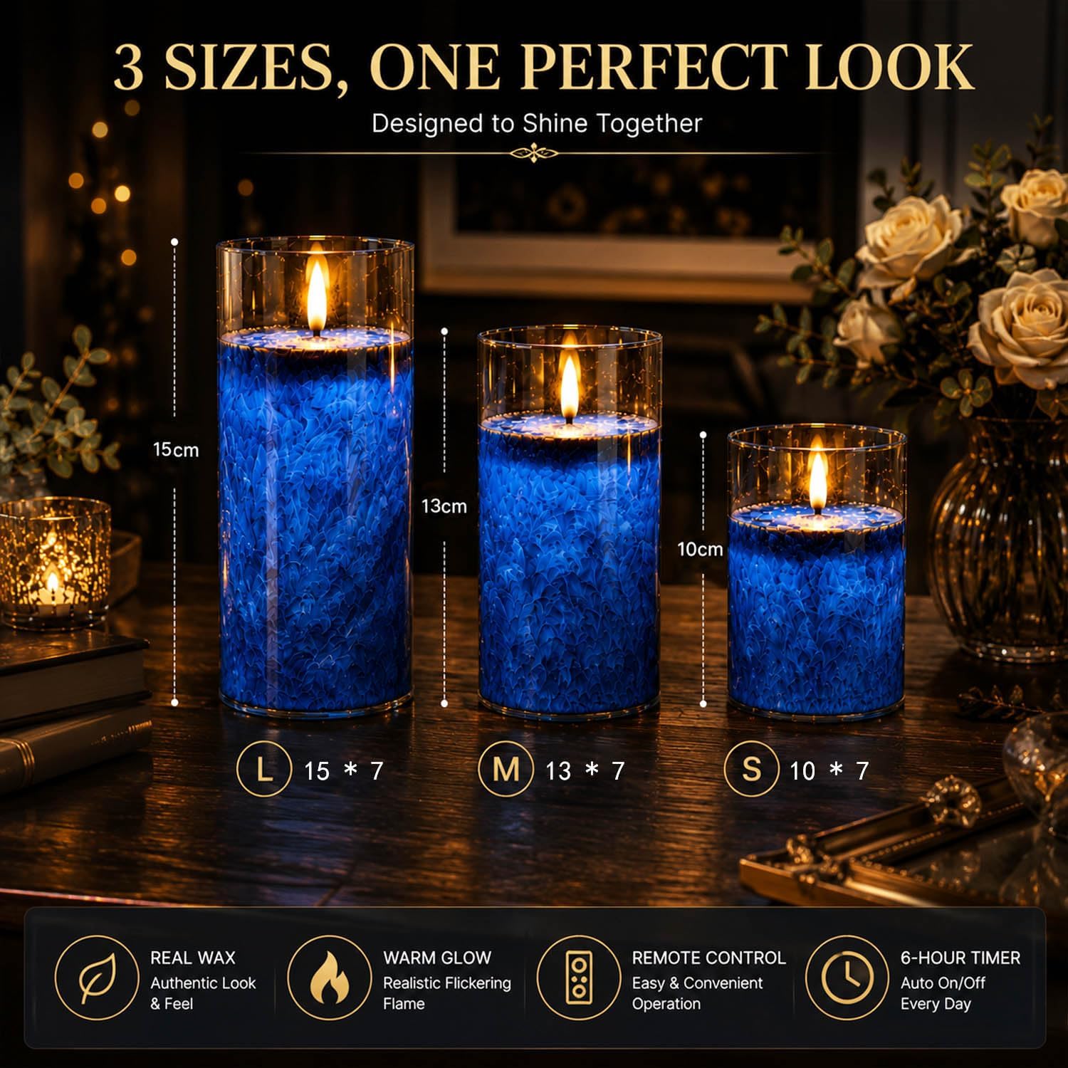 Detalle 2 de MOZC flamlösa LED-ljus, 3-pack med fjärrkontroll, timer och blått glashölje