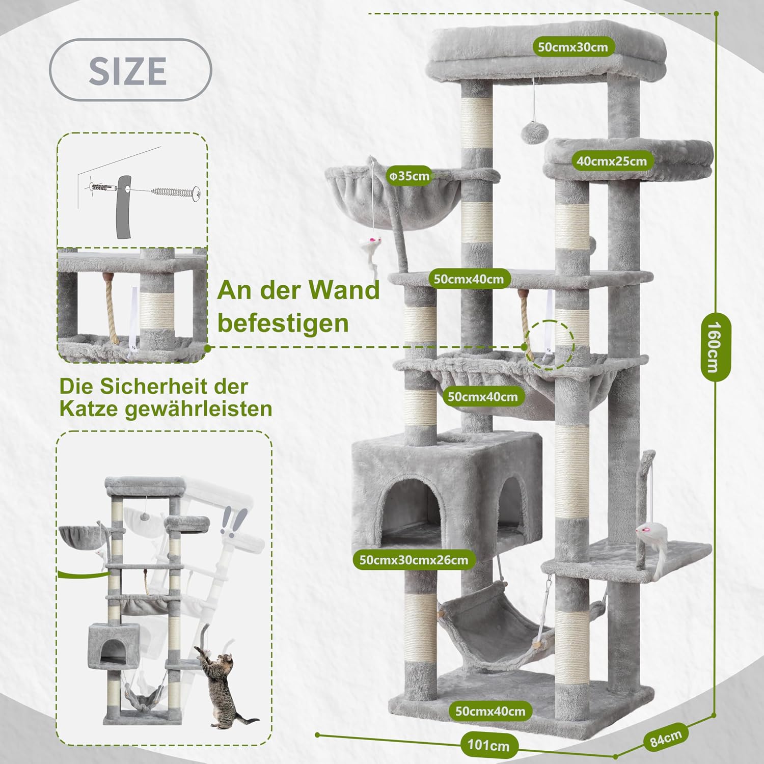 Thumbnail 6 de Gitelsnour Kratzbaum groß für Innenbereich – 160 cm, mit zwei großen Plattformen, Körben, Höhle und Spielzeug (GCT020W)