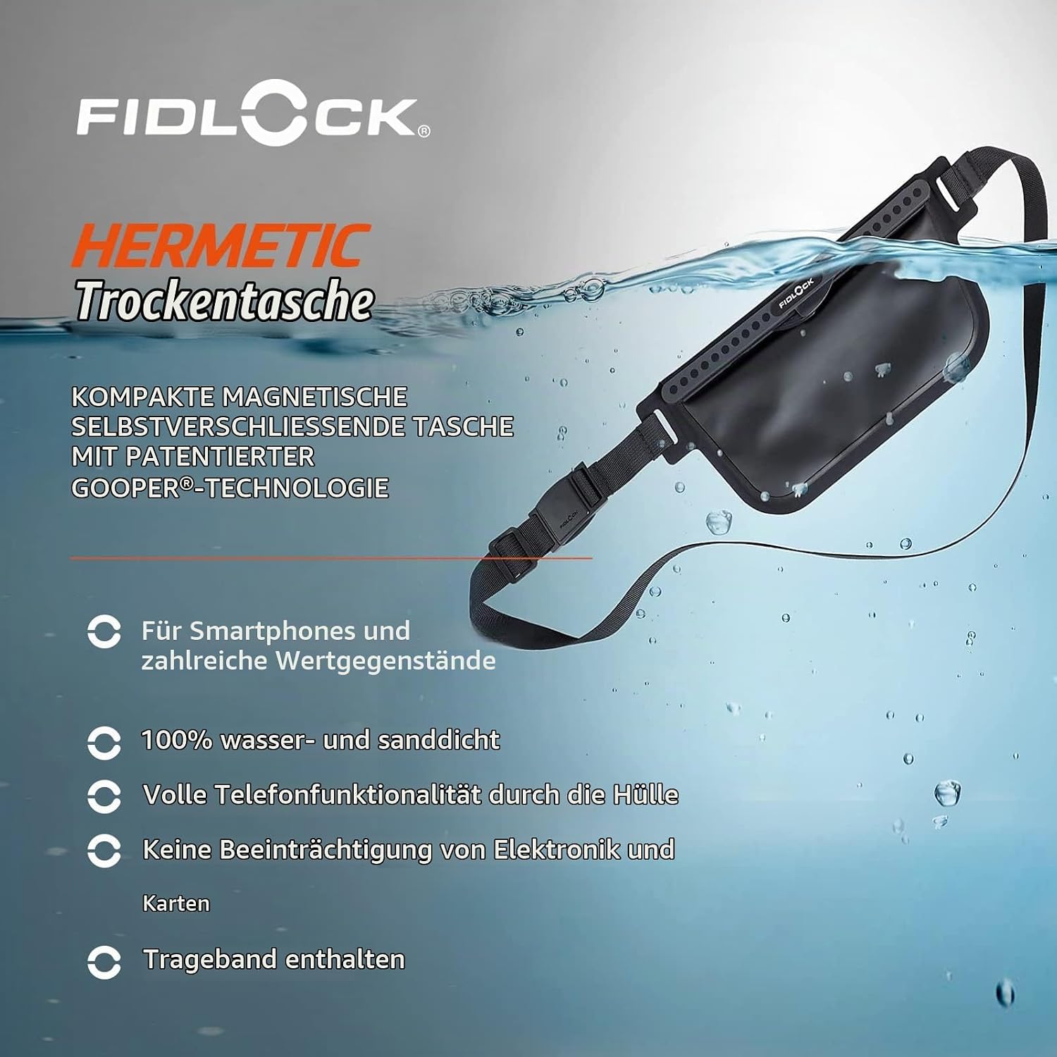 Detalle de FIDLOCK Hermetic Sling Phone Dry Bag – wasserdichte Tasche für Smartphone mit magnetischem Selbstverschluss (Schwarz, Small/Medium)