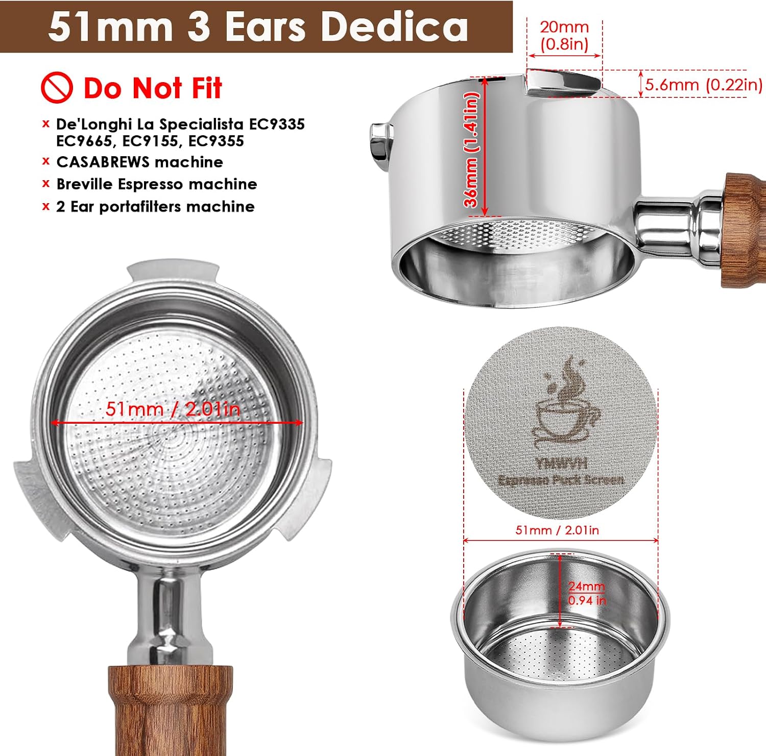 Detalle 2 de Bodenloser Siebträger 51mm 3 Ears für DeLonghi