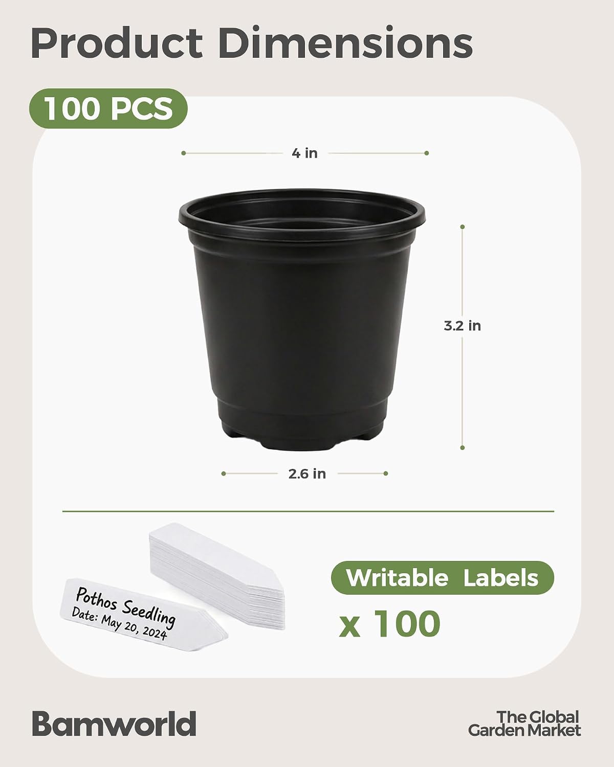 Detalle 2 de Bamworld 4-Inch Nursery Pots, 100-Pack with Drainage Holes