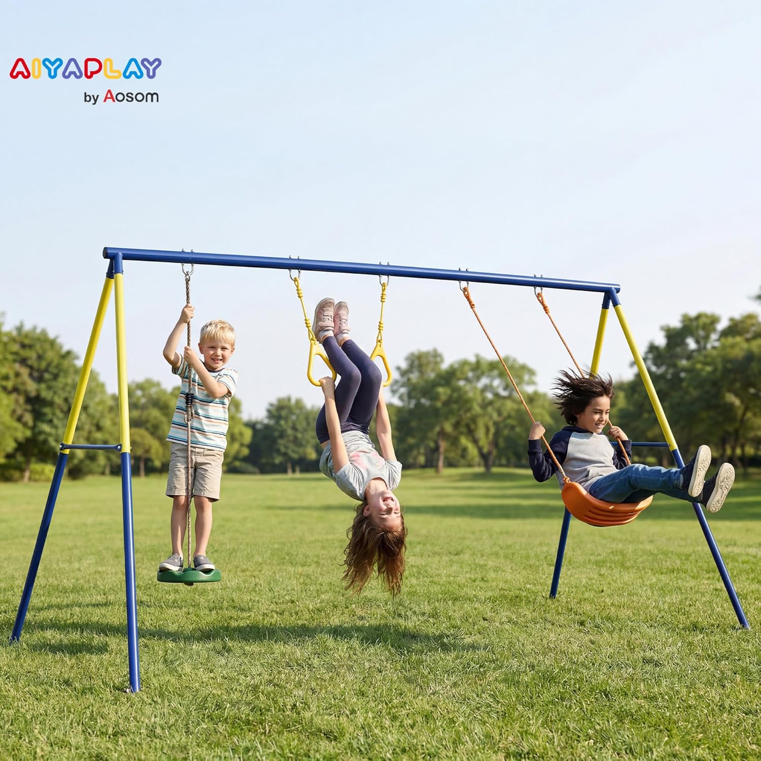 Detalle 2 de AIYAPLAY Portique Balançoire Extérieure 3-en-1 pour Enfants (3–8 ans) – Siège, Anneaux et Balançoire à Disque